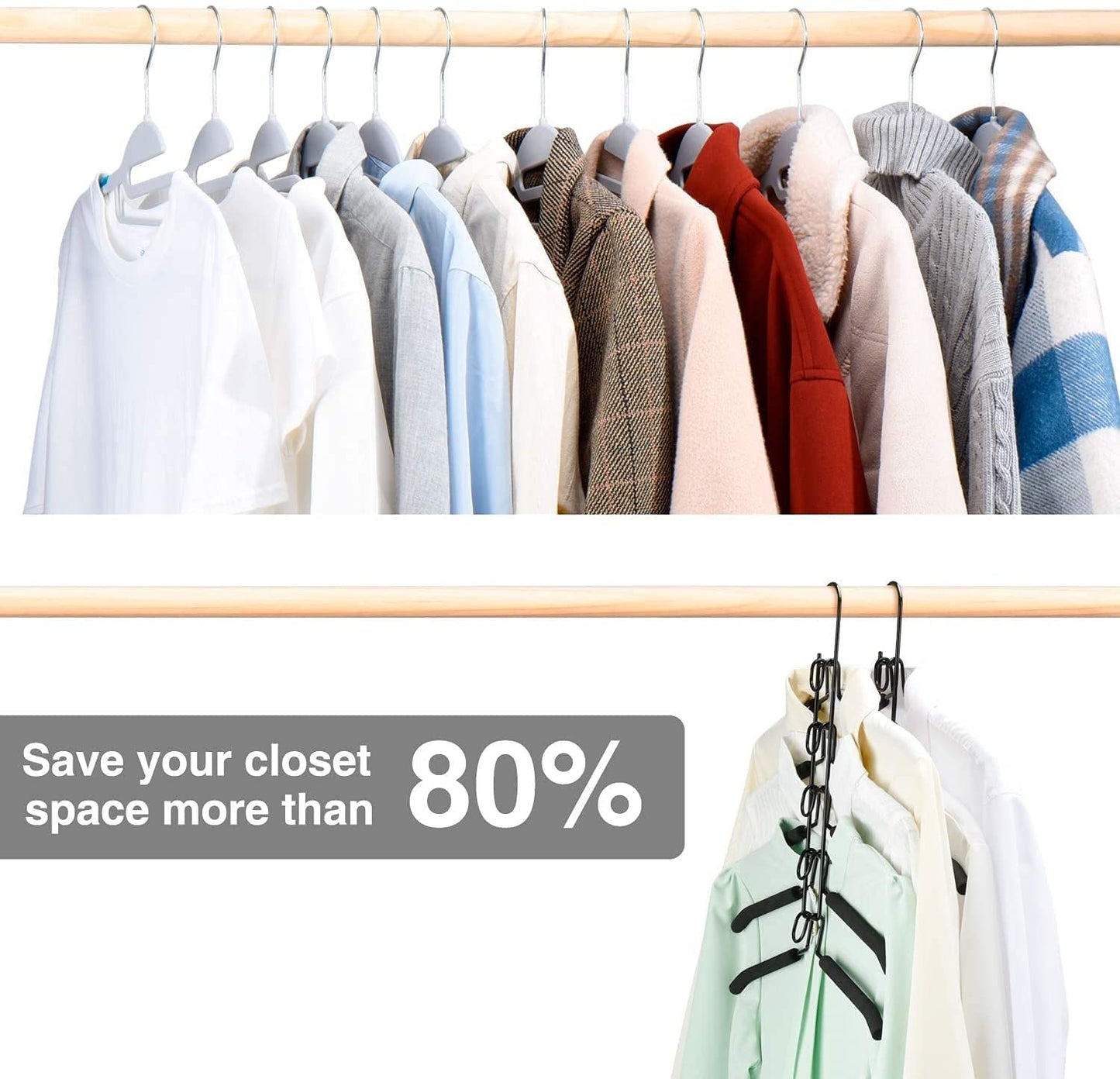 2 PACK Clothes Hangers Space Saving, 5 in 1 Clothes Hangers, Multi Layers Coat Hangers Metal Sponge Space Saver with Multilayer EVA Sponge for