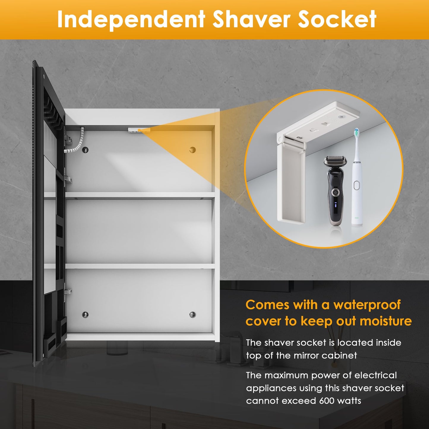 ZANOFIRA Bathroom Mirror Cabinet with LED Lights and Shaver Socket, 485x700mm Fully Assembled Wall-Mounted Mirror Storage Cabinet with 3 Colors