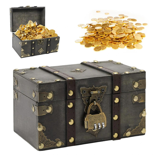 Zyiphor Vintage Treasure Chest with Combination Lock - Wooden Pirate Jewelry Box with Lid, Small Decorative Storage Chest with Lock for Kids' Parties,