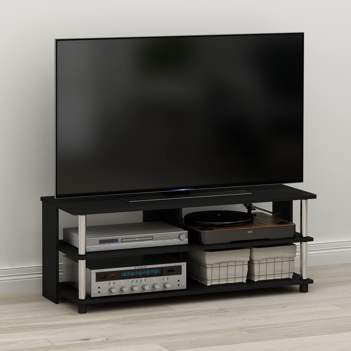 Furinno SULLY TV Stand, 3-Tier Entertainment Center, TV Console for TV up to 48 Inch, for Living Room, Bedroom, Americano/Stainless Steel Tubes
