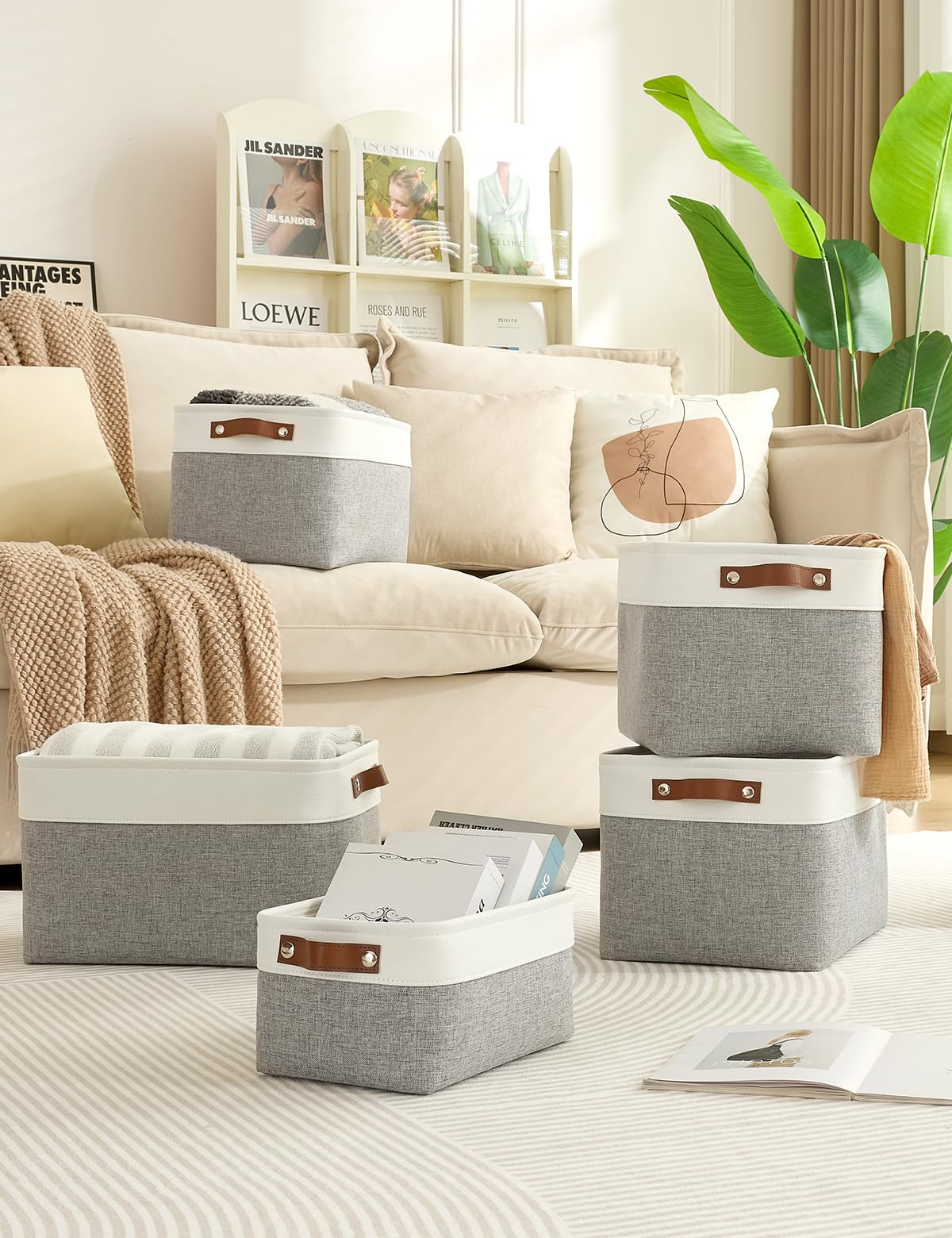 Bagnizer 4PCS Foldable Storage Baskets for Shelves Closet Fabric Cube 33CM Organizer Box Bins with Handles Waterproof Canvas Box for Clothes