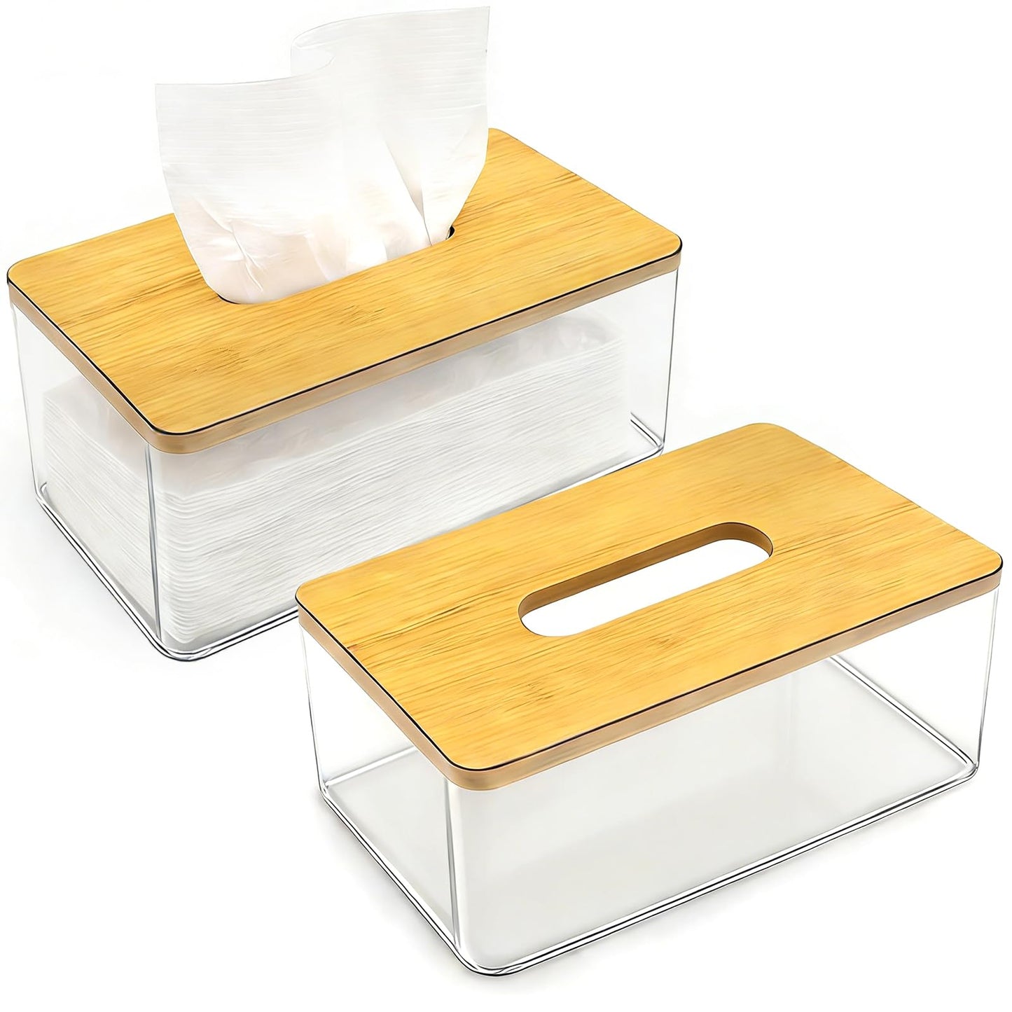2 Pack Acrylic Tissue Box Holders, Clear Paper Holder with Wooden Cover
