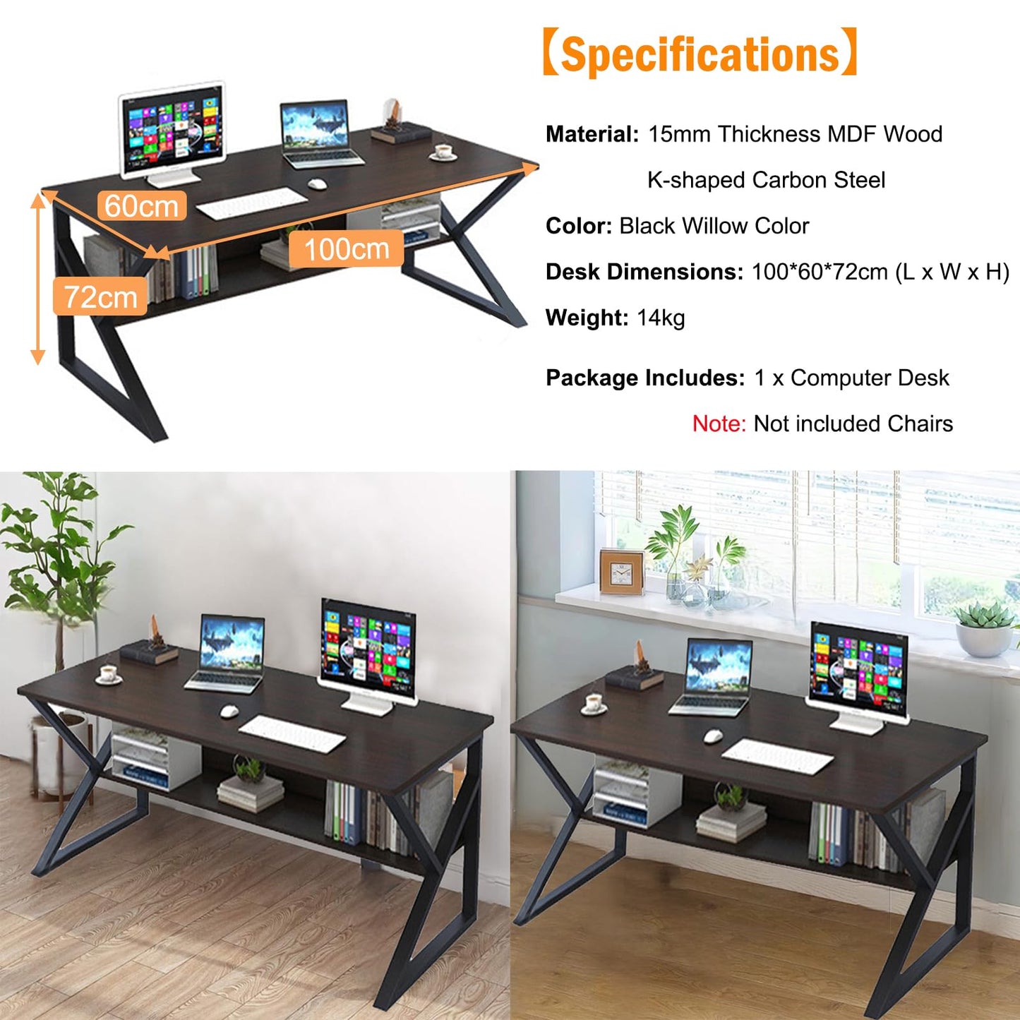 100cm Computer Desk with Bookshelf, Black Willow, Home Office Desk