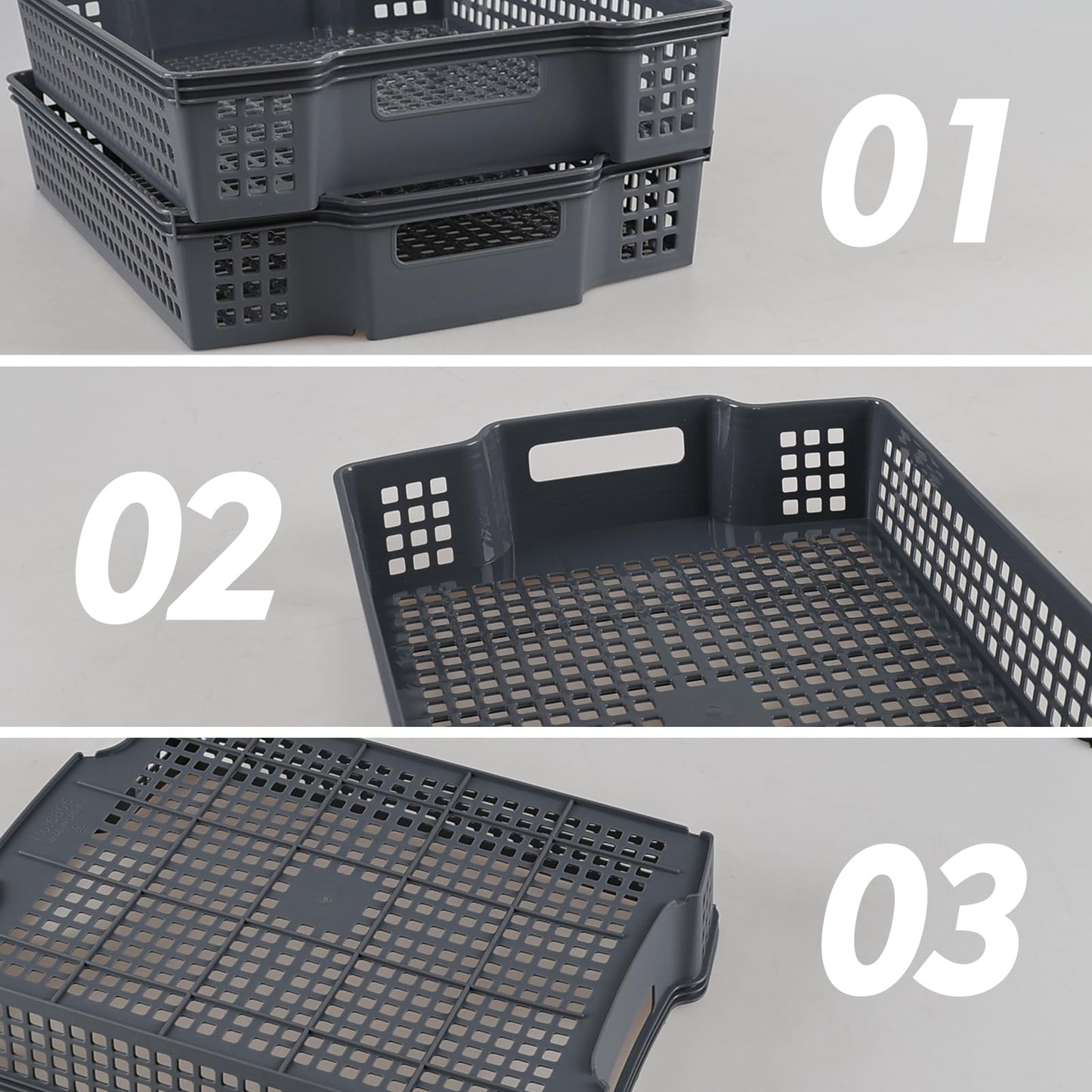 Eudokky 6 Packs Stackable Storage Baskets, Grey Plastic Storage Tray