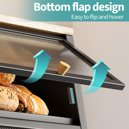 Urackify Two-Layer Large Bread Box, Bread Bins for Kitchen, Black Bread Bin with Stiped Window Door Pancel, Bread Storage with Wood Handle, kitchen