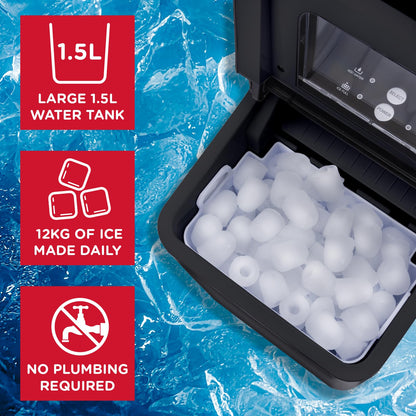 Sensio Home Ice Cube Maker Countertop Machine 9 Ice Cubes in Minutes, 12KG of Ice in 24 Hours, Large & Small Ice, Self Cleaning, With Ice Basket &