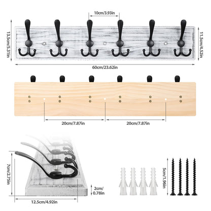 PHINGEER Wall Mounted Coat Hooks, Wooden Heavy Duty Coat Rack for Wall,6 Triple Coat Hanger Hooks for Hanging Coats,Jacket,Hat,Clothes(Grey White, 6