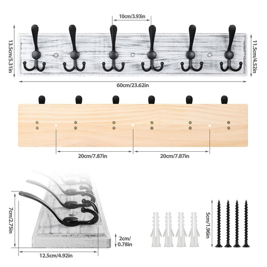 PHINGEER Wall Mounted Coat Hooks, Wooden Heavy Duty Coat Rack for Wall,6 Triple Coat Hanger Hooks for Hanging Coats,Jacket,Hat,Clothes(Grey White, 6