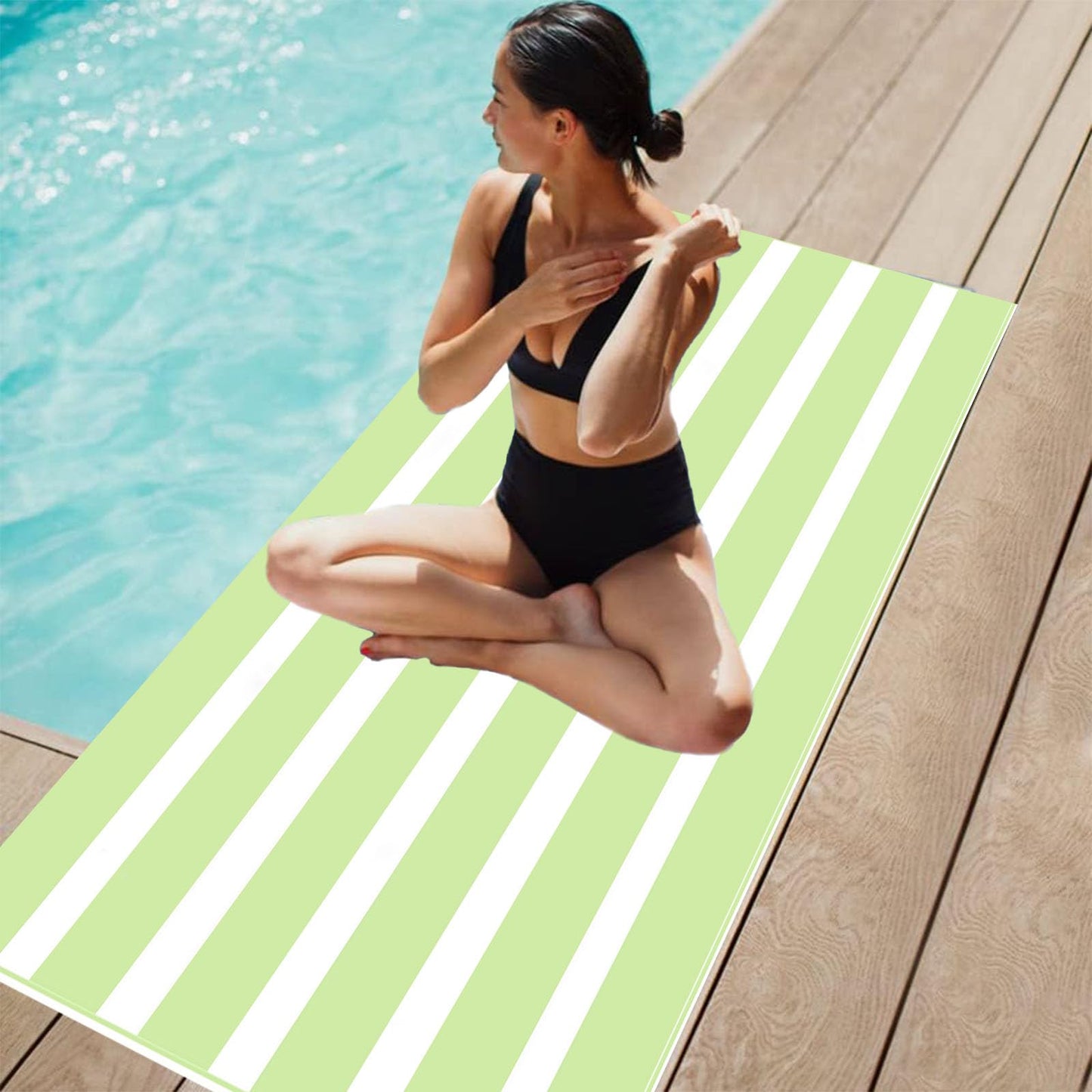Large Thin Microfibre Beach Towel with Bag for Adult Men Women,160x90cm Green Stripe Beach Towels Quick Dry Sand Free Lightweight Swim Bath Towel for
