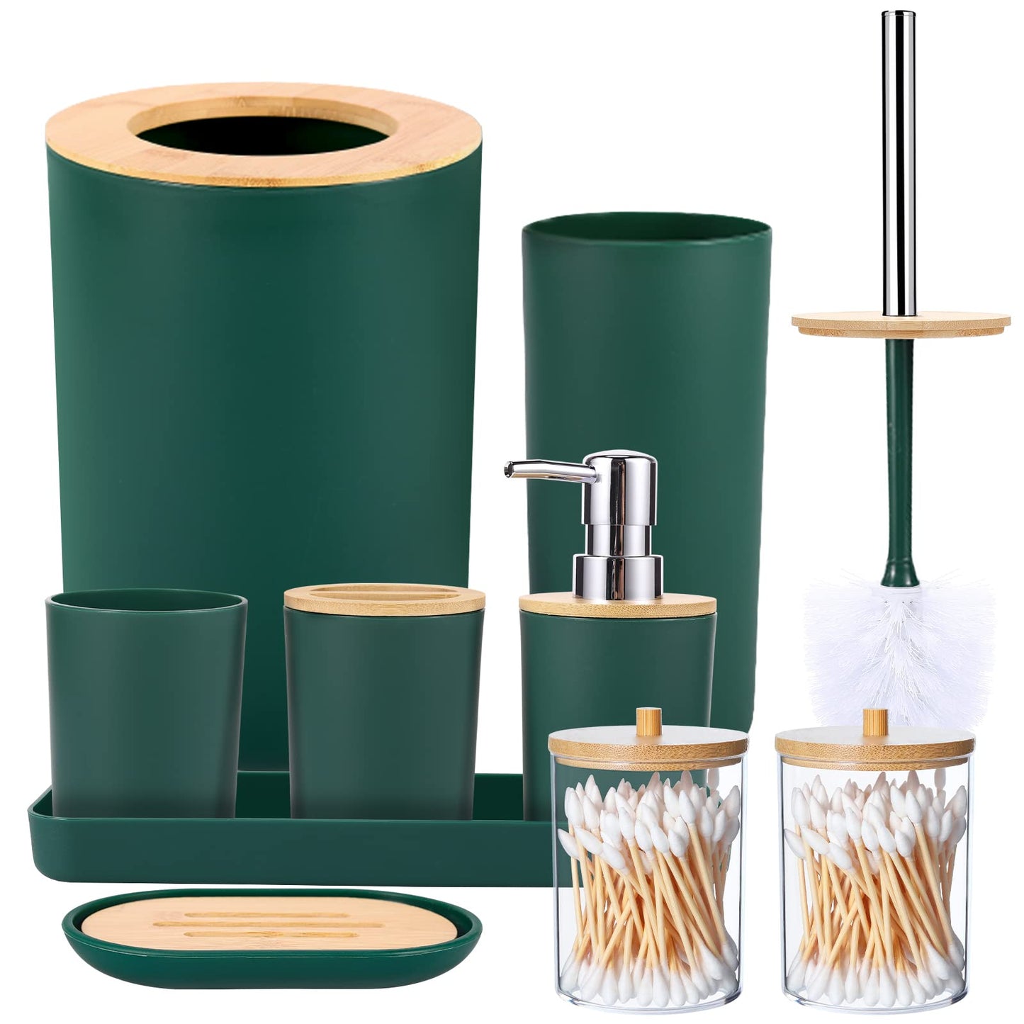 SLDIYWOW 9-Piece Dark Green Bathroom Accessories Set with Trash Can, Tray, Soap Dispenser, Toothbrush Holder, Toothbrush Cup, Soap Dish