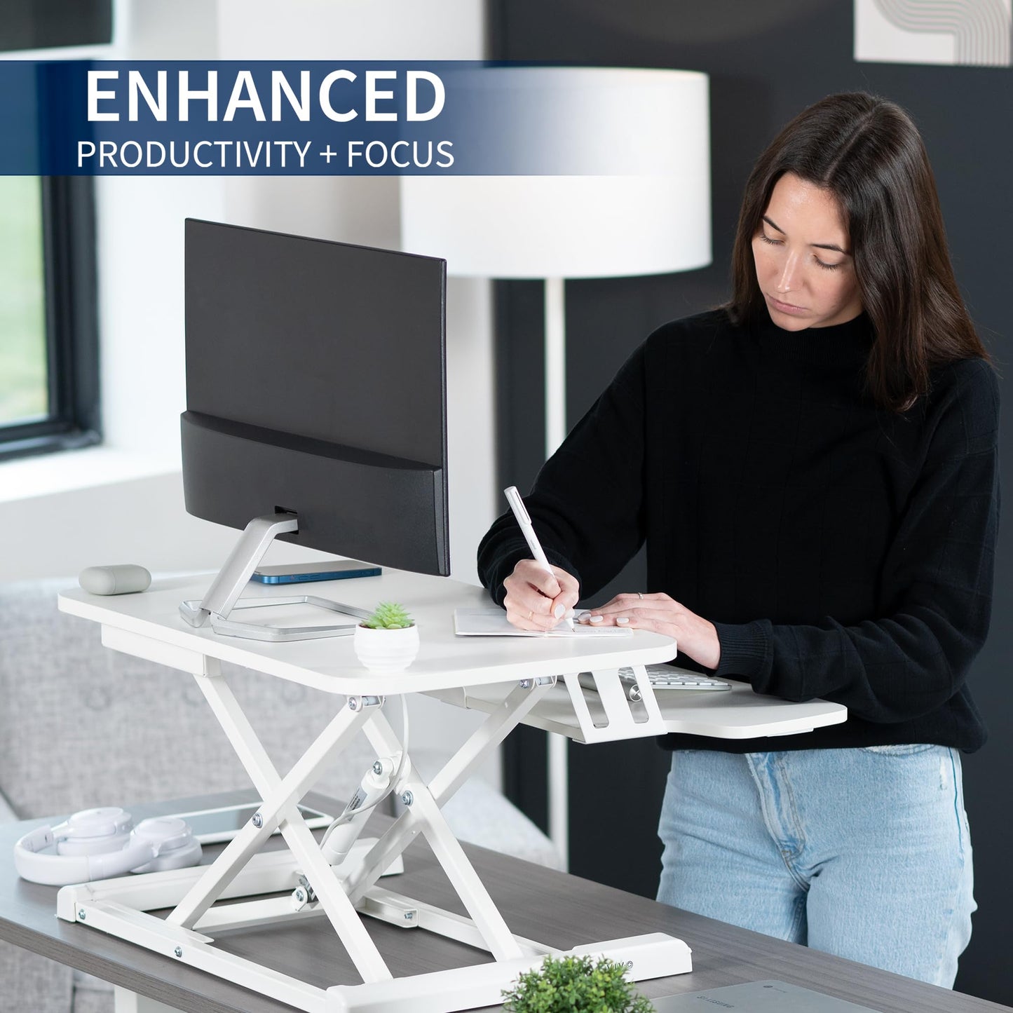 VIVO 66 cm Desk Converter, K Series, Height Adjustable Sit to Stand Riser, Dual Monitor and Laptop Workstation with Keyboard Tray, White, DESK-V026KW