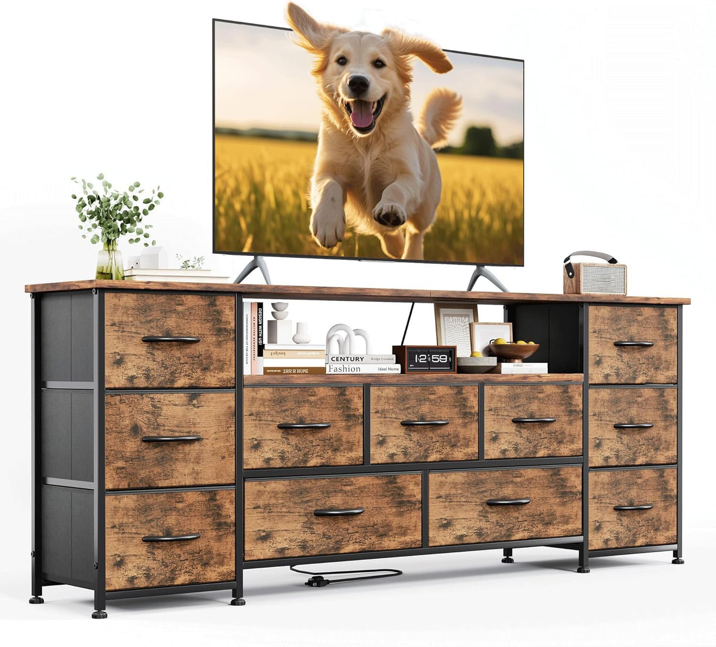 VERMESS 63" Tv Cabinet, Dresser for Bedroom with 11 Fabric Drawers, TV Stand with Power Socket for TVs up to 70", TV Units for Living Room, Bedroom