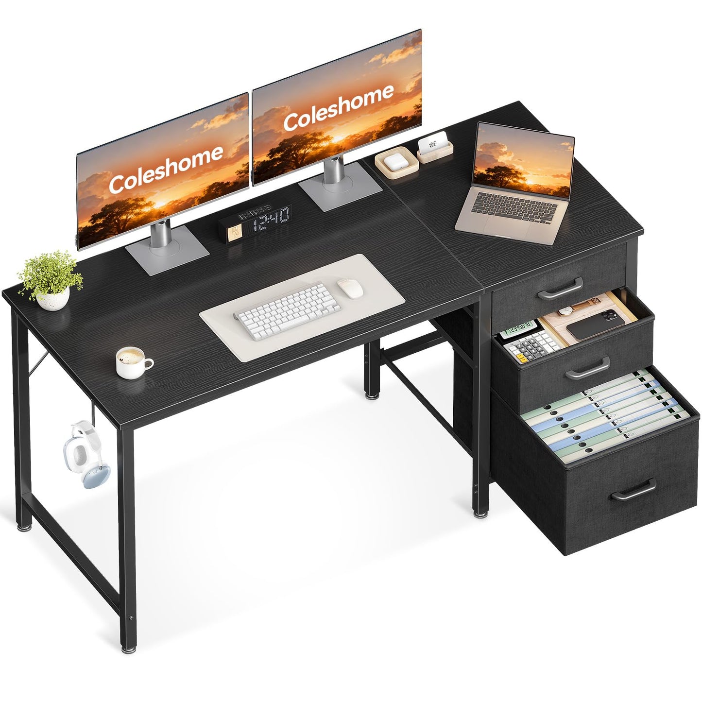 Coleshome Computer Desk with Drawers, 120cm Office Desk with Storage, Black
