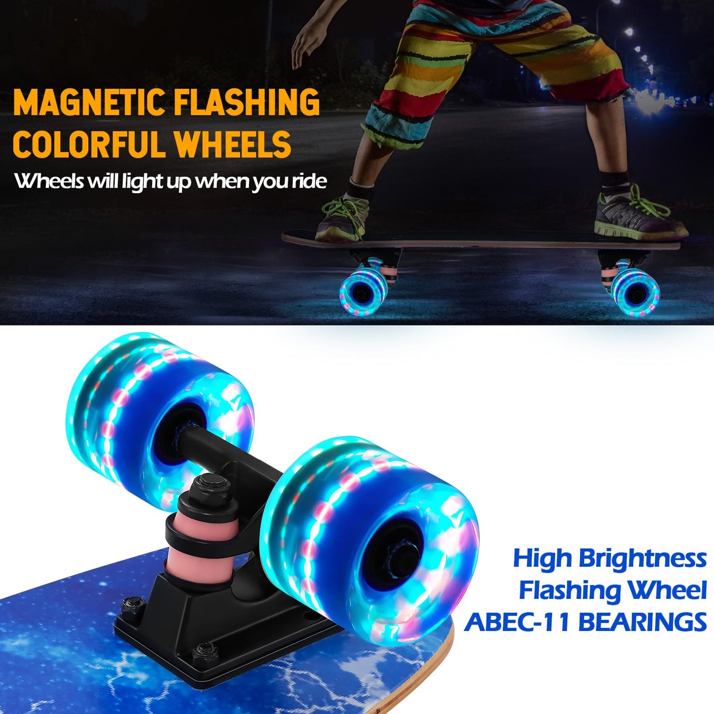 GIEEU Skateboards with Colorful Flashing Wheels for Beginners, Kids, Teens, Adults, 21.8" x 6.1", Complete Standard Skateboards, 9 Layers Maple Deck,
