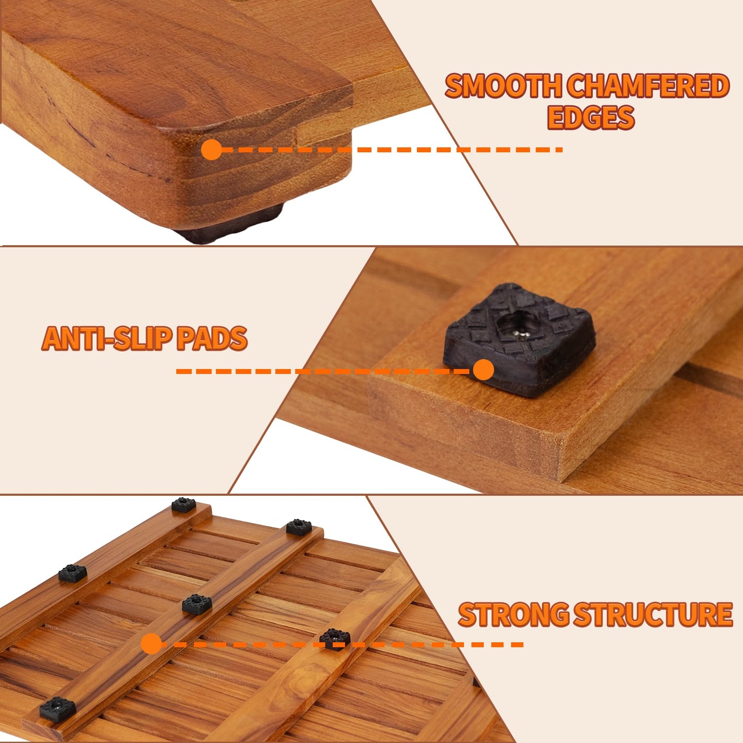 Utoplike Teak Shower Mat, Large Non-Slip Bath Mat for Bathroom(81x45.5 cm)