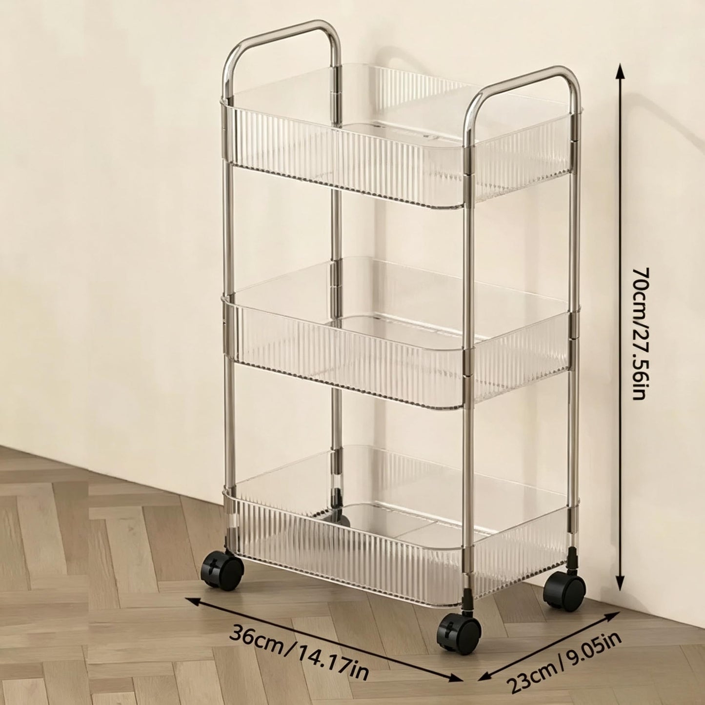 Guyi-Duck Clear Acrylic Storage Cart with Wheels, Transparent Rolling Organiser Trolley for Kitchen, Bathroom, Office and Home Corner