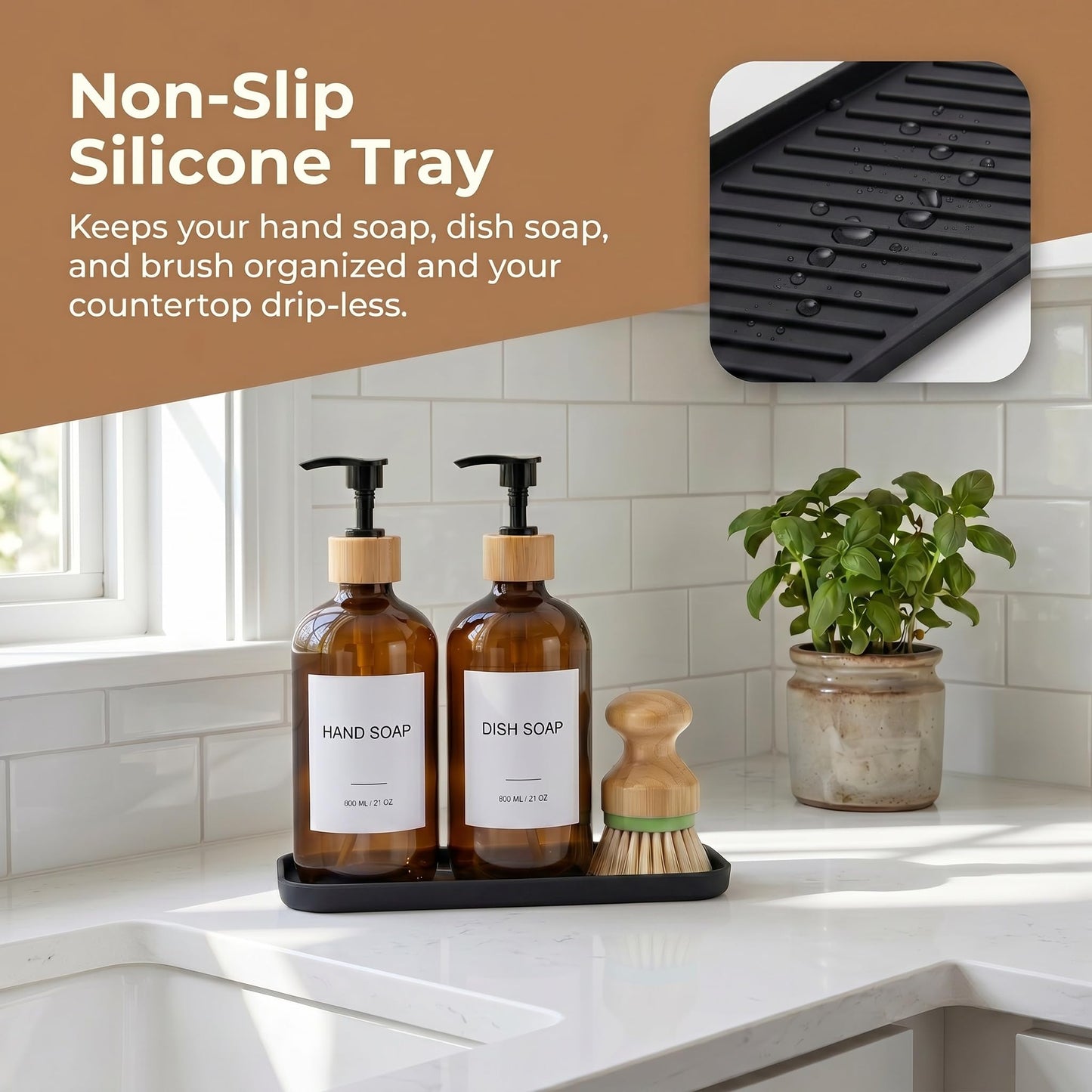Hand & Dish Soap Dispenser with Dish Brush, Washing Up Liquid Dispenser Set 600ml/21oz, PET Plastic Bottle with Bamboo Pump