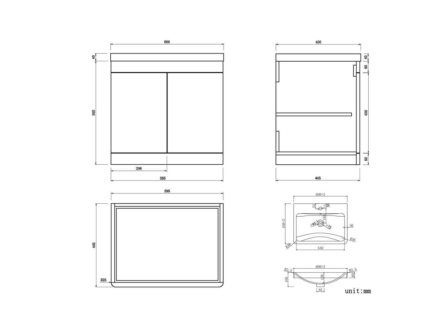 VeeBath ORI-WH60-WH Ceti Wall Mounted Hung Double Door Vanity Basin Cabinet Furniture Unit & Polymarble Sink-600mm, White