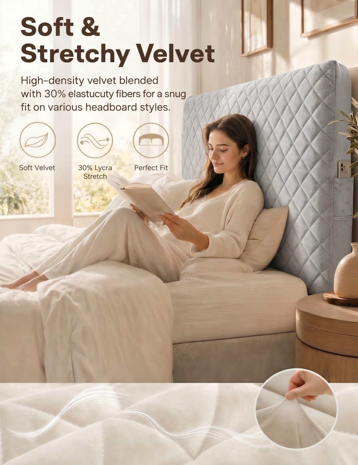 Bed Headboard Cover ‌Double, Quilted Thicken Protector Light grey,150x70cm