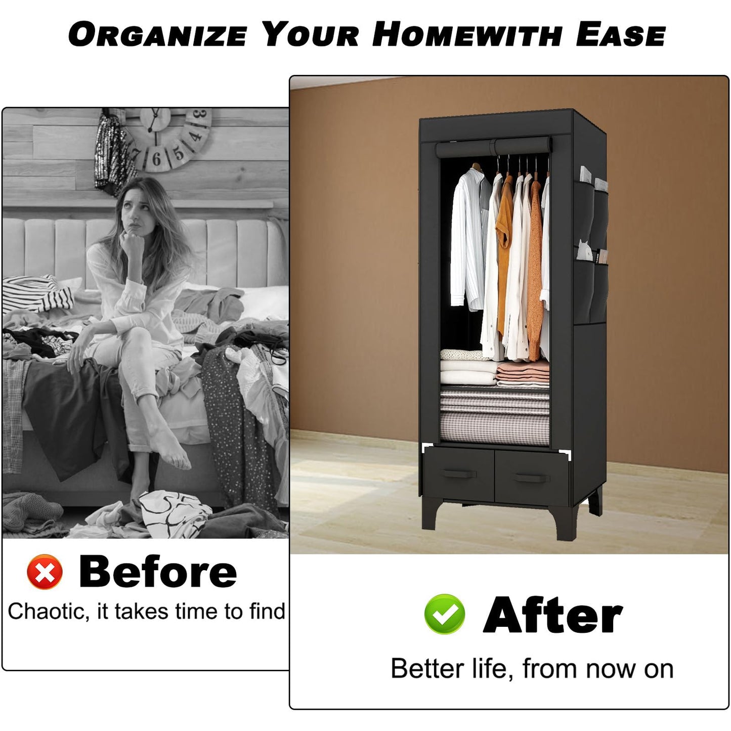 OPPAIYA Canvas Wardrobe, Temporary Wardrobe With Hanging Rails, 2 Shelves, 8 Side Bags & 2 drawer