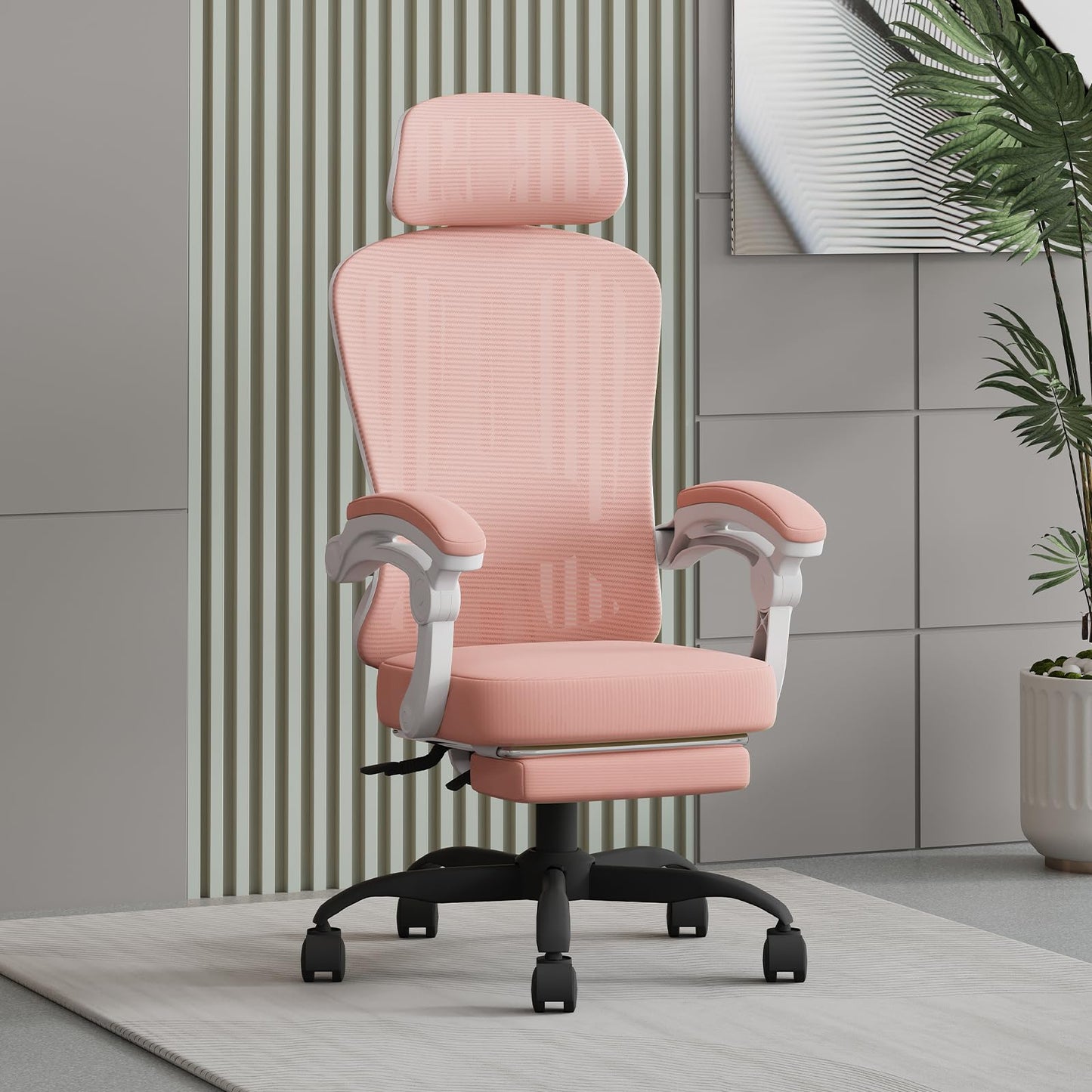 HapGIFT Pink Office Chair Ergonomic Desk Chair with Adjustable Headrest, Mesh Computer Chair with Footrest for Adults Girls Women