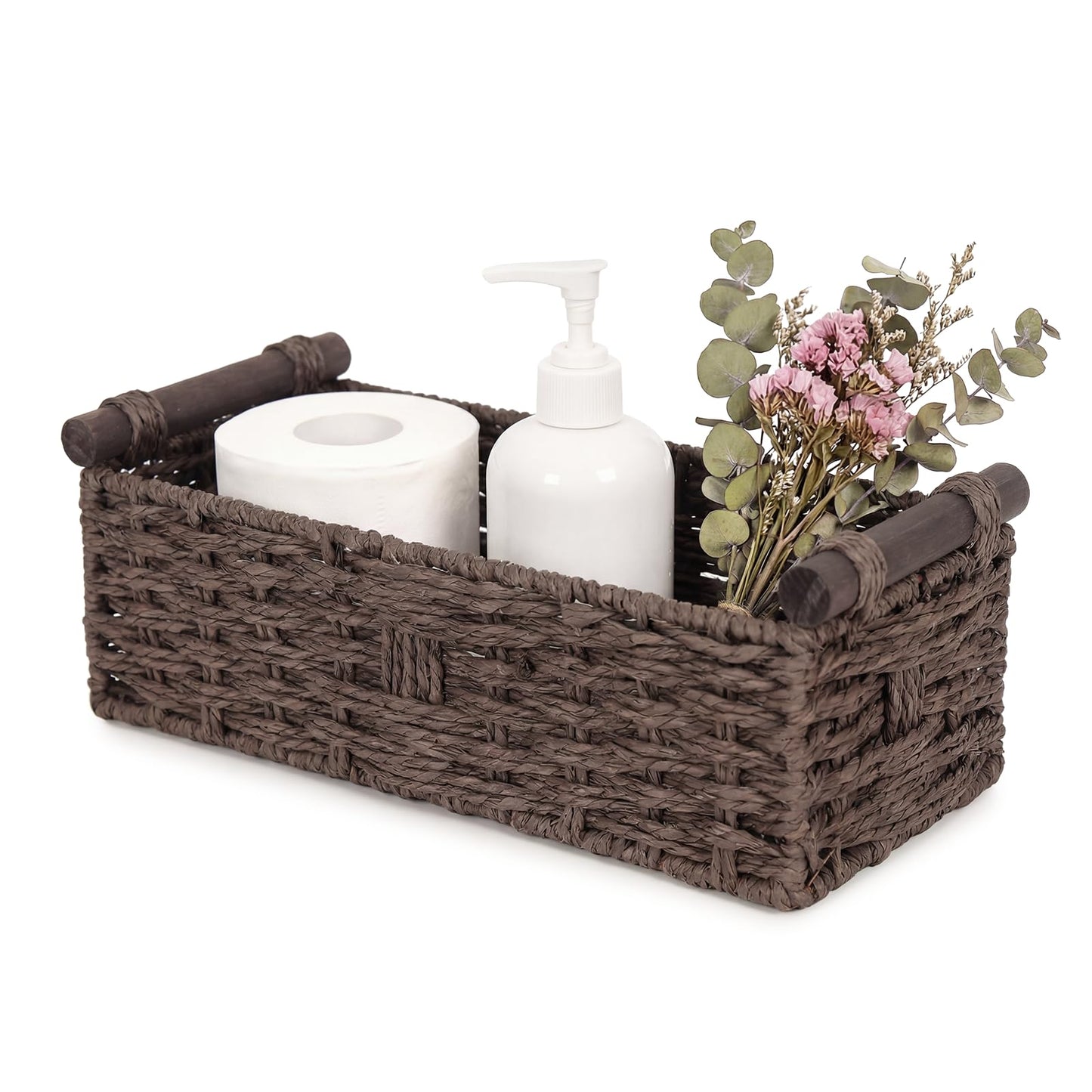 Paper Rope Storage Wicker Baskets for Toilet Tank Top with Wooden Handle Small Decorative Organizer Bin Rectangular Tray for Countertop Shelf Brown
