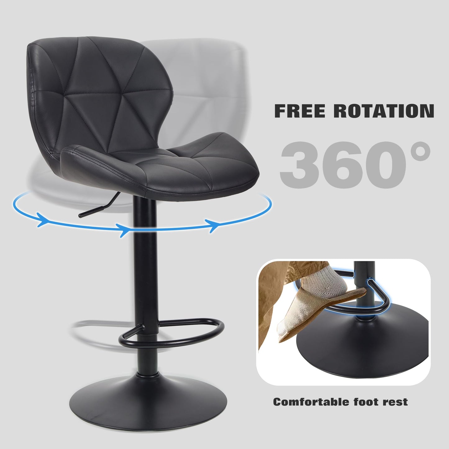 WangPangzi Bar Stools Set of 2 Bar Chairs,Modern Height Adjustable Kitchen Stools With Backs, Swivel Faux Leather Kitchen Island Chairs(All Black)