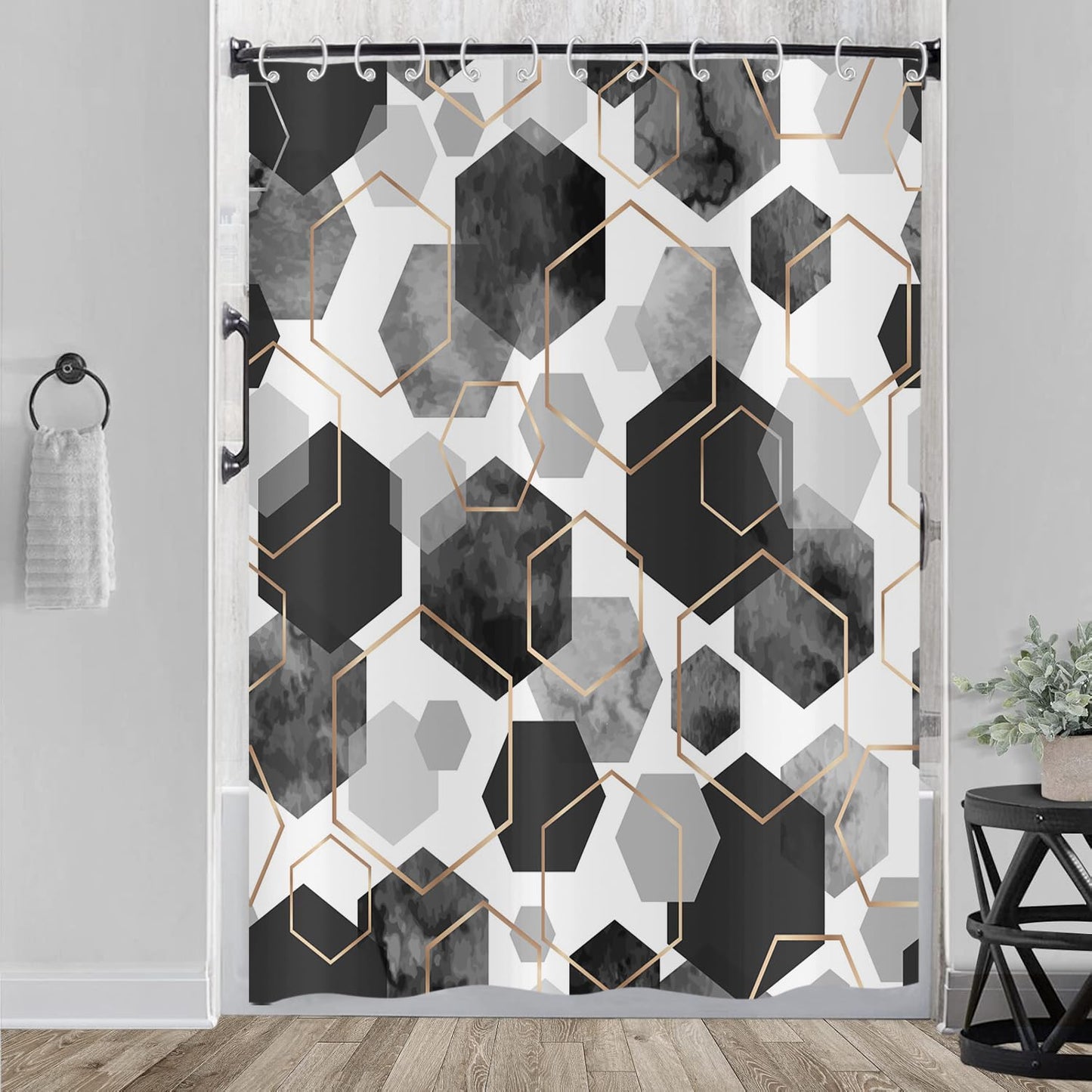 Hnmdmyi Black Shower Curtain 180x200, Modern Geometric Hexagon Abstract Art Bathroom Curtains Waterproof Polyester Fabric Washable Bath Curtains with