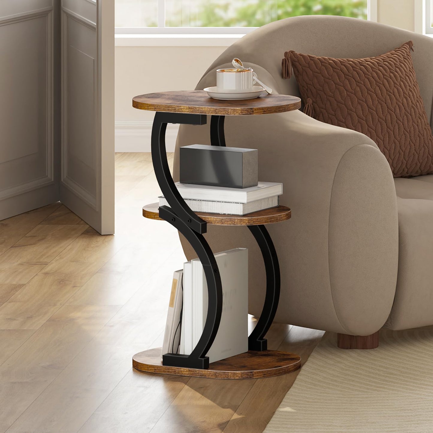 HOOBRO 3-Tier Side Table, Small Table with Storage Shelf, Oval Sofa Table for Small Space, Slim Bedside Table Round Corner Table for Living Room