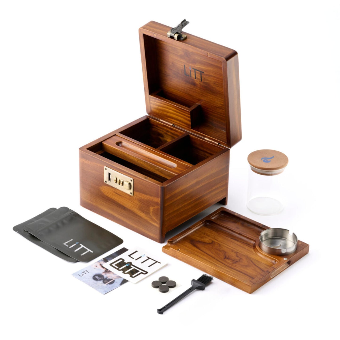 LITT - Premium Wooden Combination Lock Stash Box Set with Glass Jar, Hidden Tray, and Storage Box (Brown)