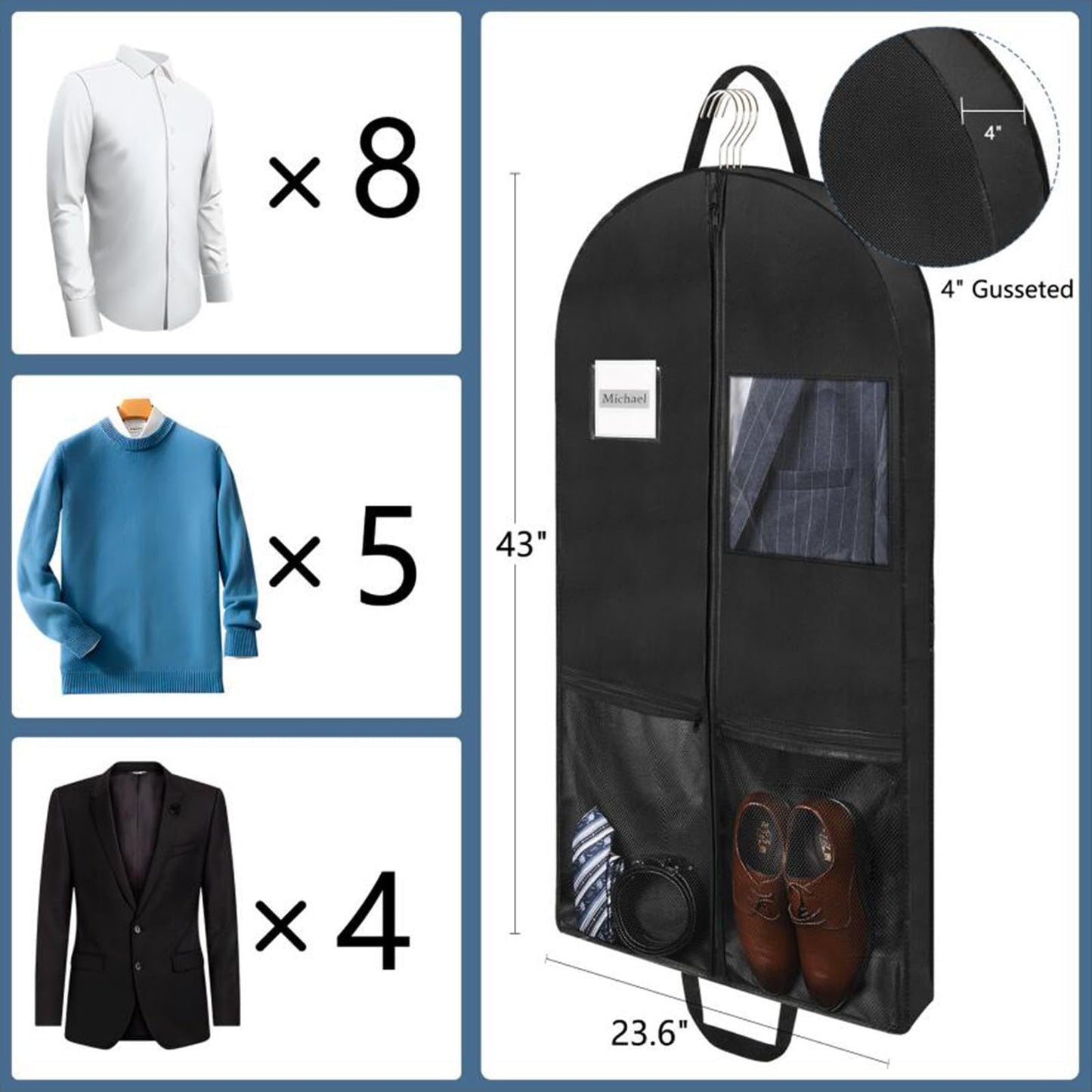 Belinlen 3pack 43" Garment Bags for Travel Hanging Clothes (Black)
