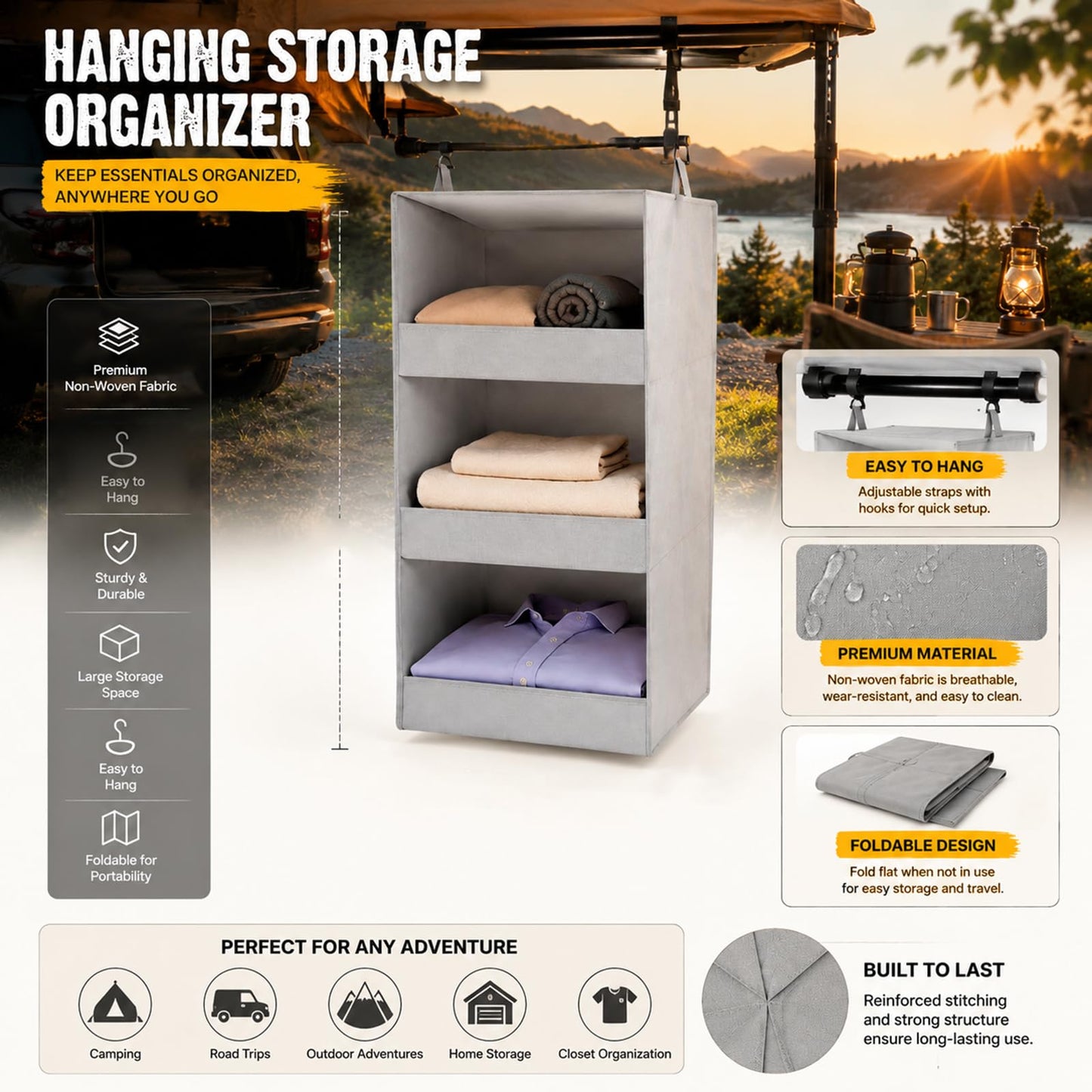Admygo 3 Shelf Hanging Wardrobe Organiser, Foldable Hanging Storage Shelves for Wardrobe, Clothes Organiser with Metal Hooks