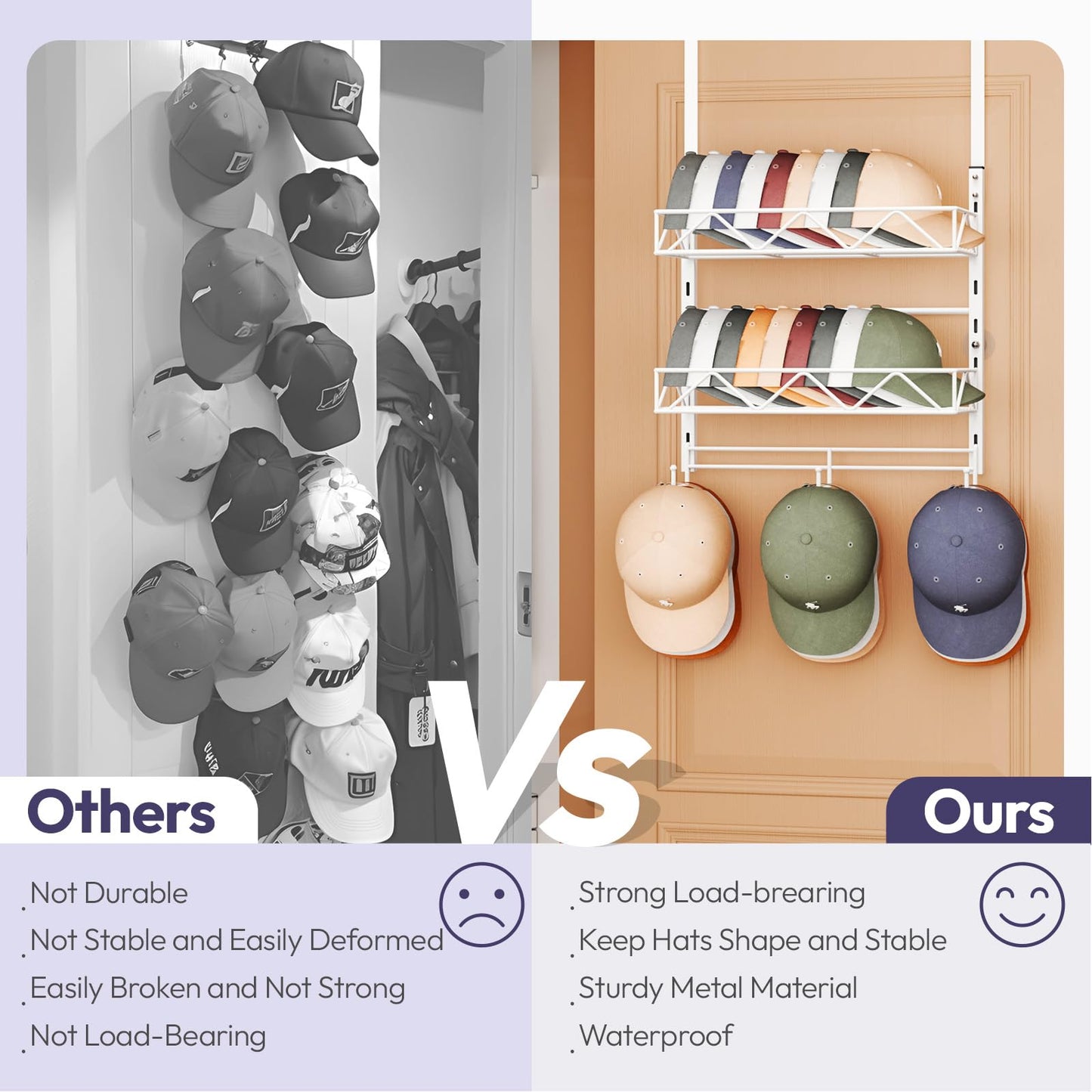 SWTYMIKI 2-Tier Over Door Wall Mount Hat Rack - Baseball Cap Organiser