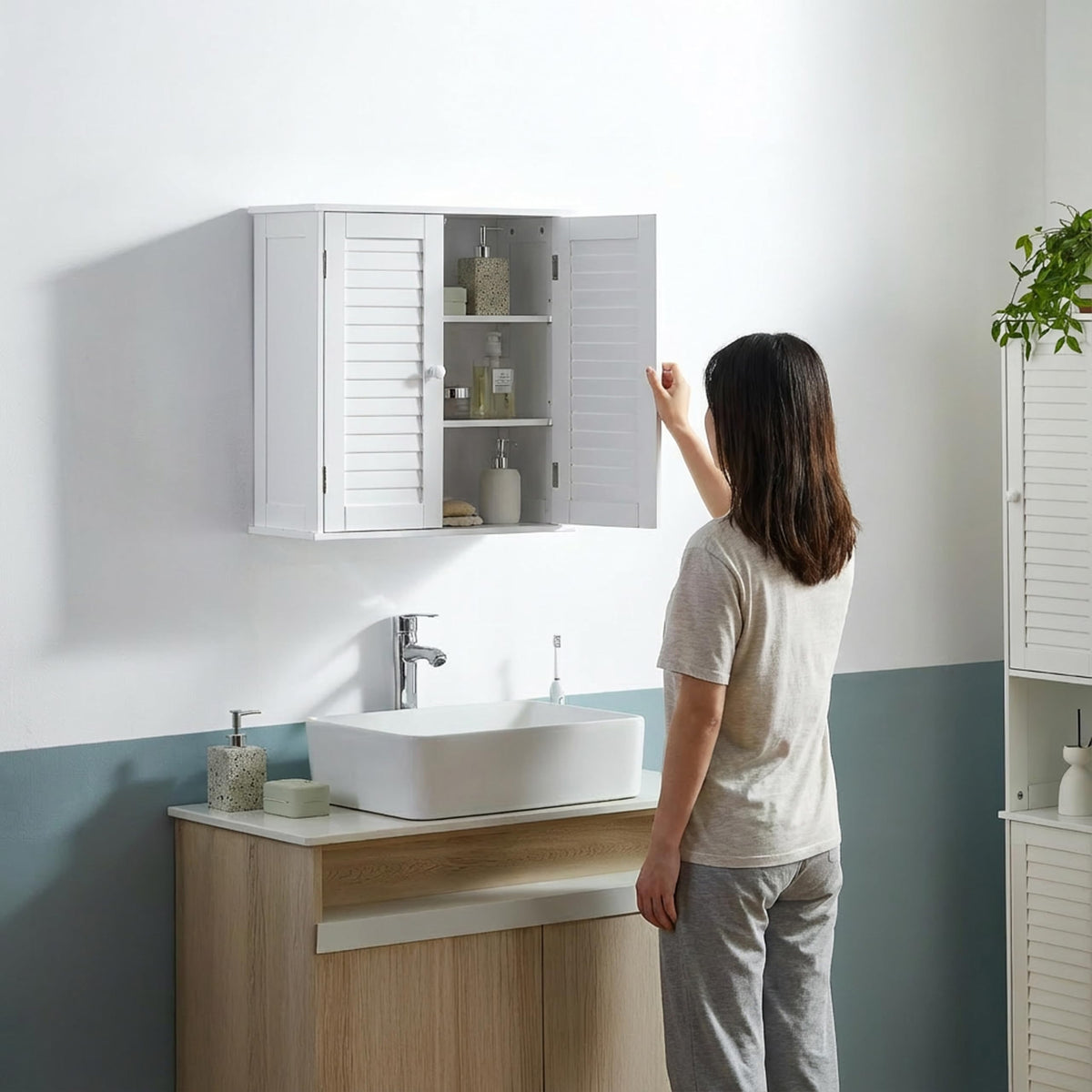 Bath Vida Bathroom Cabinet Double Door Shutter Wall Mounted Storage Shelf, White