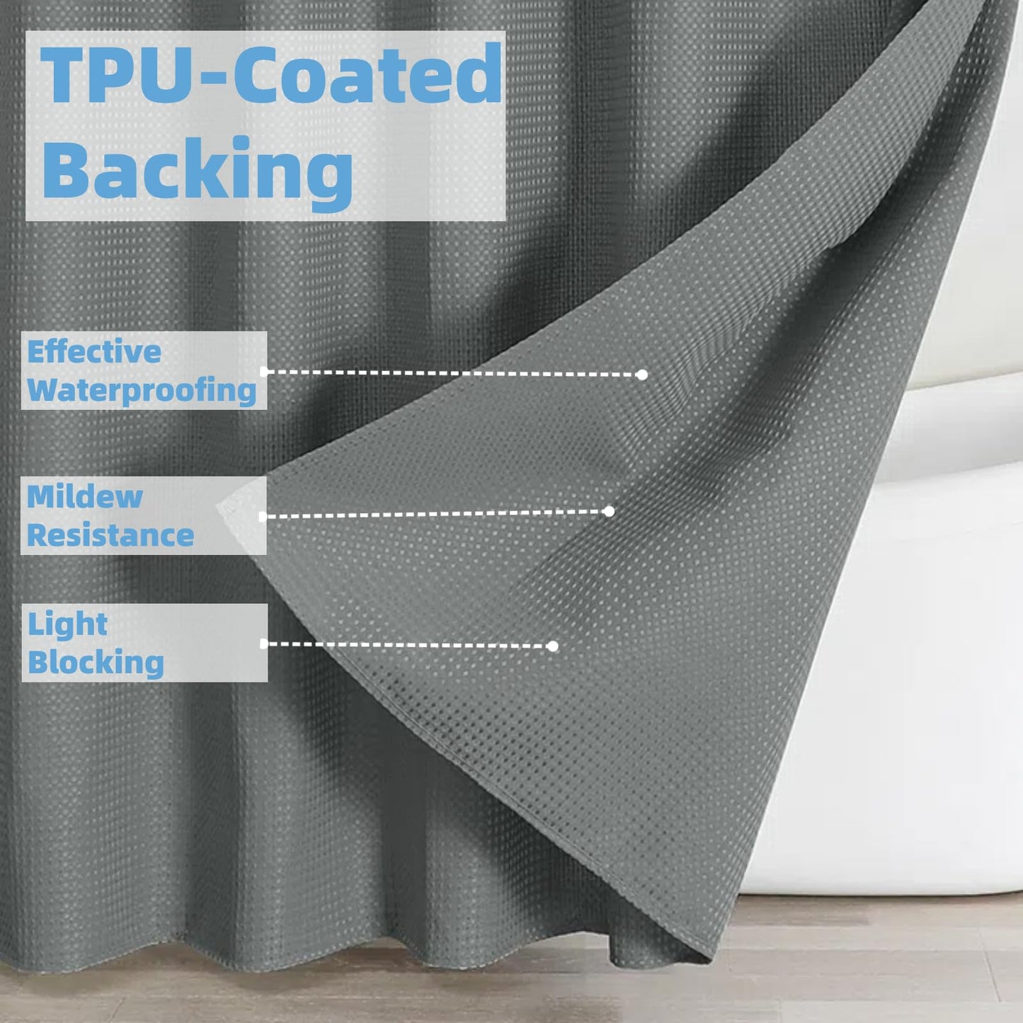 FY&XZH Waffle Shower Curtain with Hooks, Heavy Waterproof Fabric Shower Curtain with TPU Coated Back, 72"x72" Hotel Style with Mesh Window