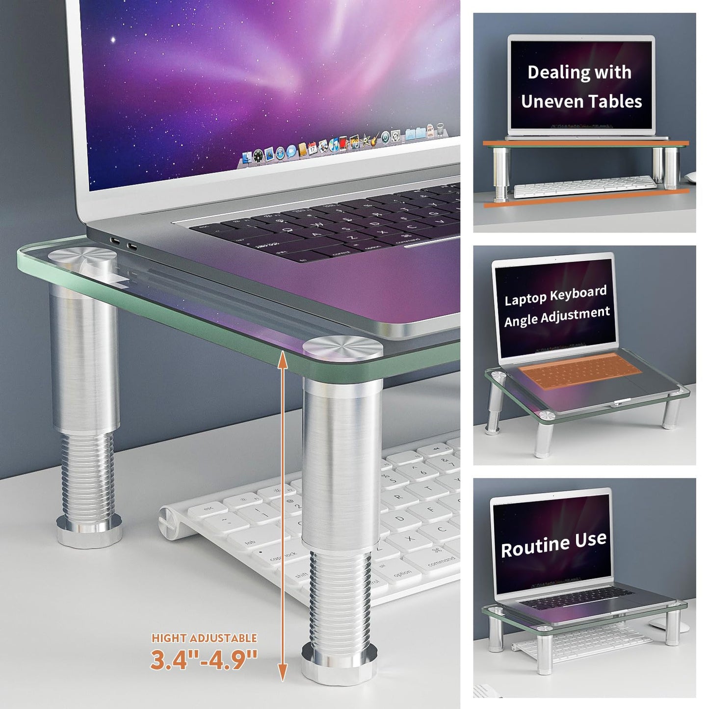 Hemudu Clear Tempered Glass Computer Monitor Riser with Height Adjustable Multi Media Desktop Stand for Flat Screen LCD LED TV