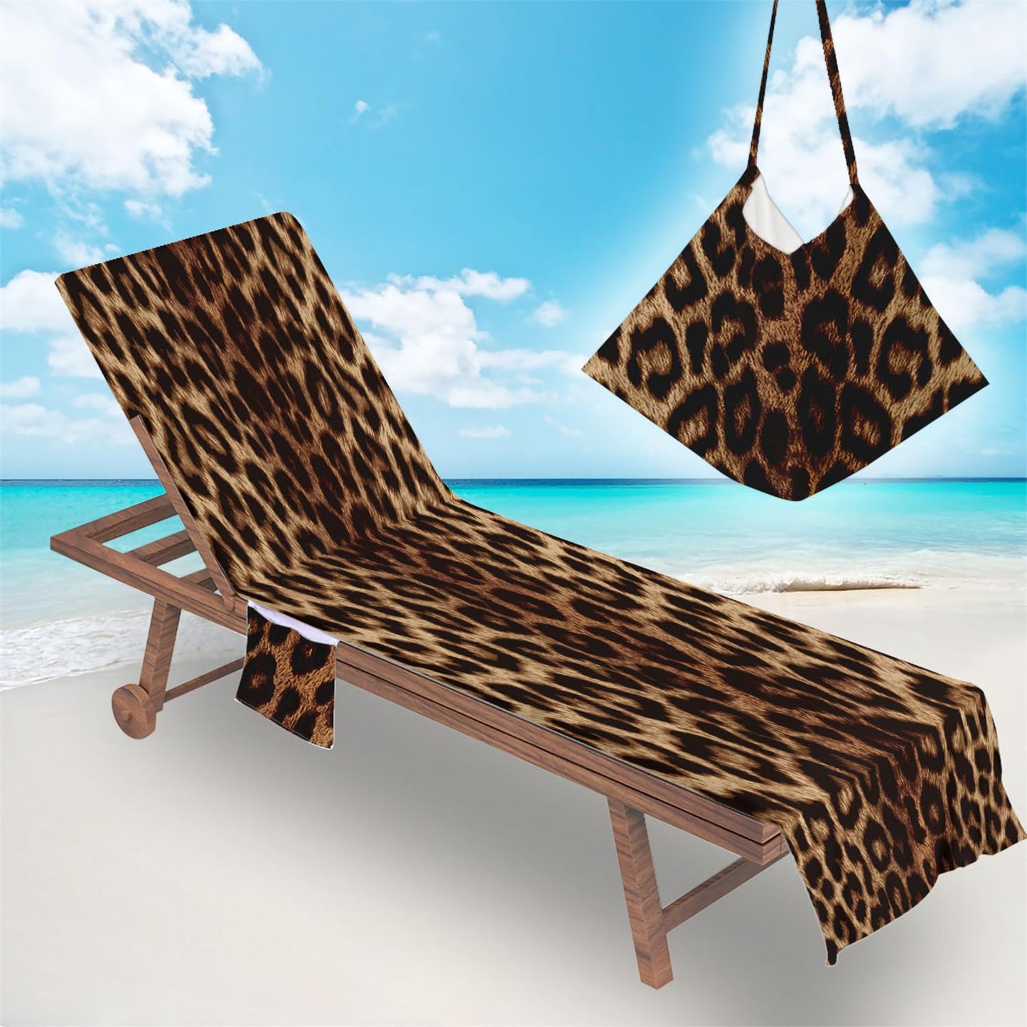 Surwin Sun Lounger Towel with Pockets, Leopard Print Beach Towel Chair Cover Sunbed Towels Lounger Bag for Summer Holiday Outdoor Garden Pool