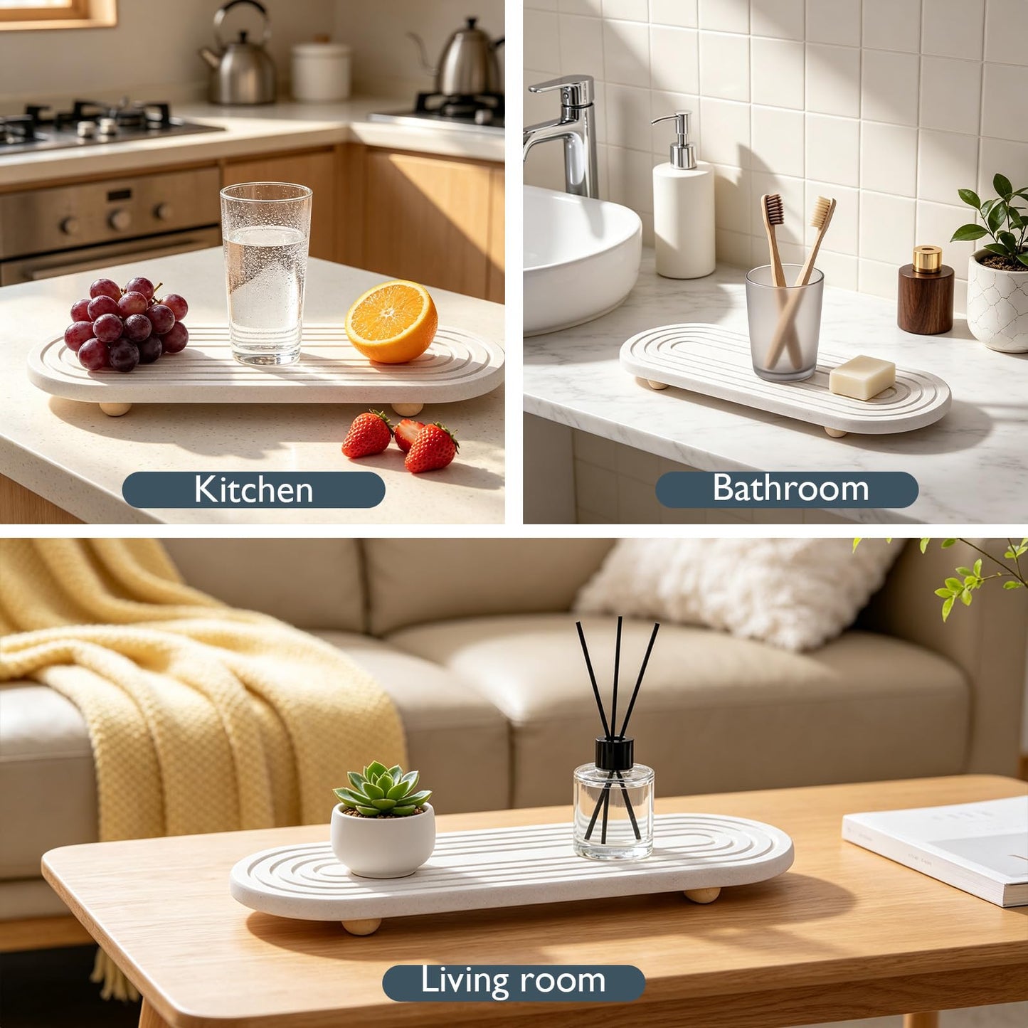 Quick Drying Stone Tray, Natural Diatomite Absorbent Mat with Wooden Feet, Fast Evaporation, Anti-Slip Grooves, Multifunctional for Bathroom Sink