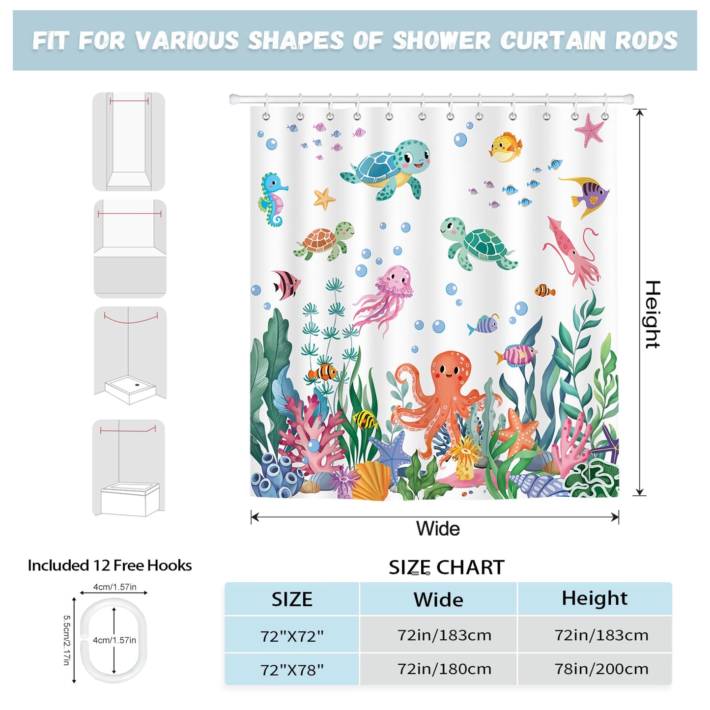 hometerixx Kids Beach Ocean Turtle Jellyfish Coral Shower Curtain 72X72Inch