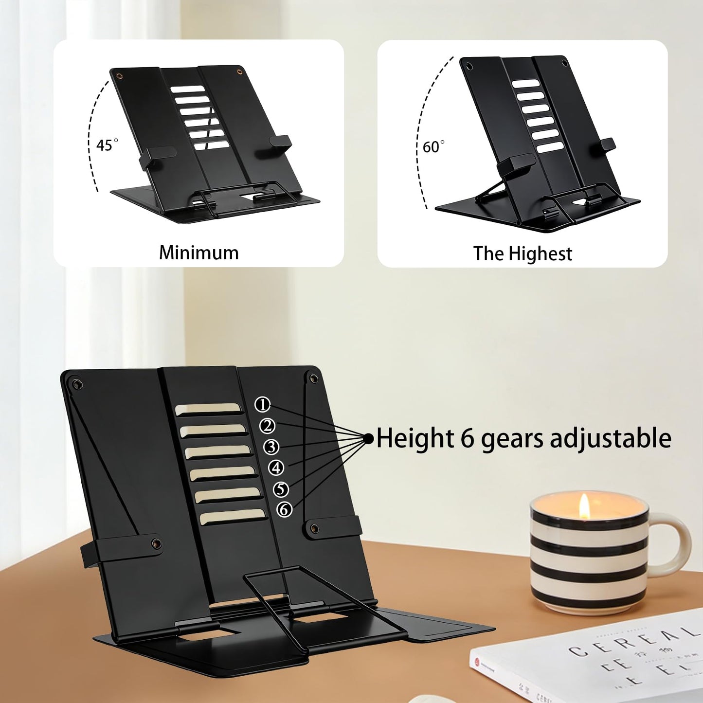Senshuomy Adjustable Recipe Book Stand, Folding Cookbook Holder for Kitchen, School and Office Use, Reading Rest with Multiple Angles (Black)