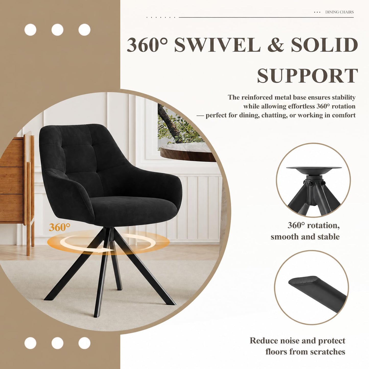 COLAMY 360° Swivel Dining Chairs Set of 4 with Sturdy Metal Base – Luxury Velvet Upholstered Kitchen Chairs with Thick Padded Seat