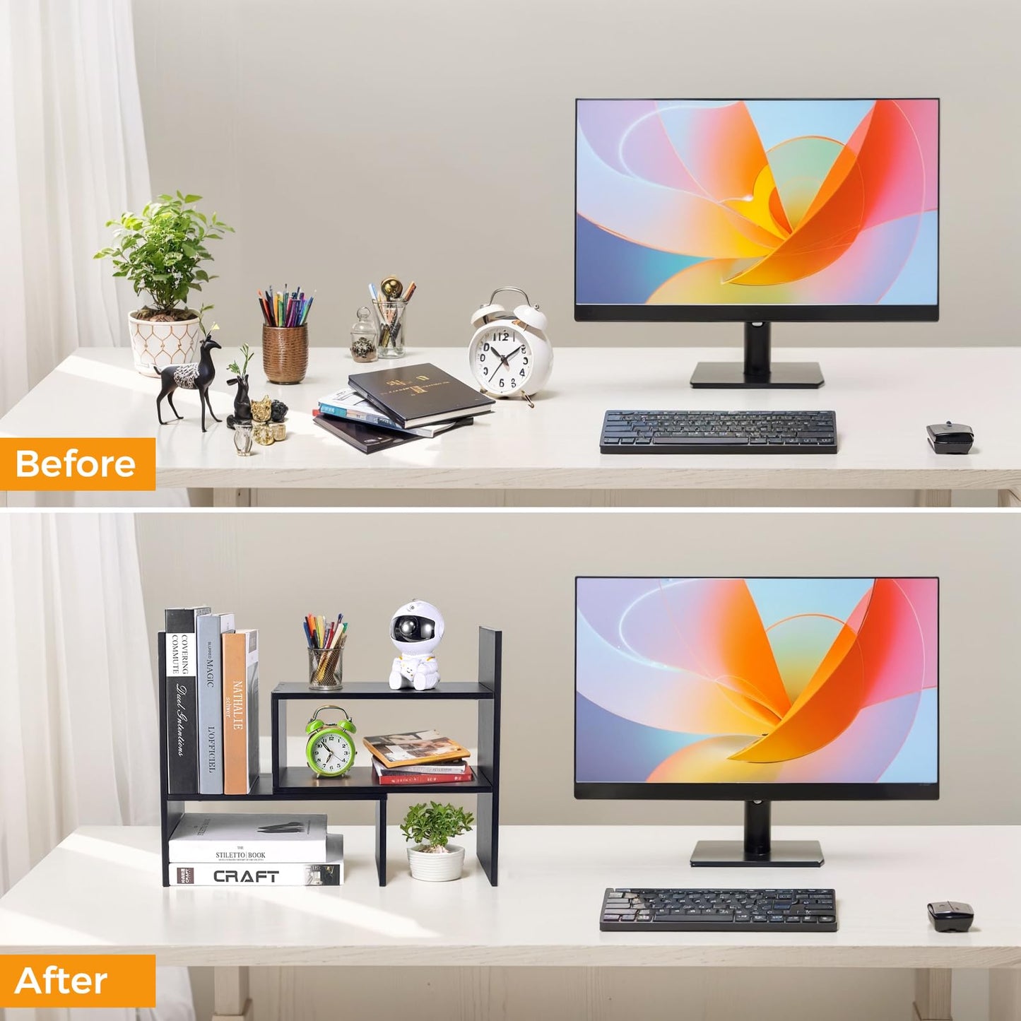 Wooden Desk Shelf, Adjustable Desktop Bookshelf, Small Black Bookcase