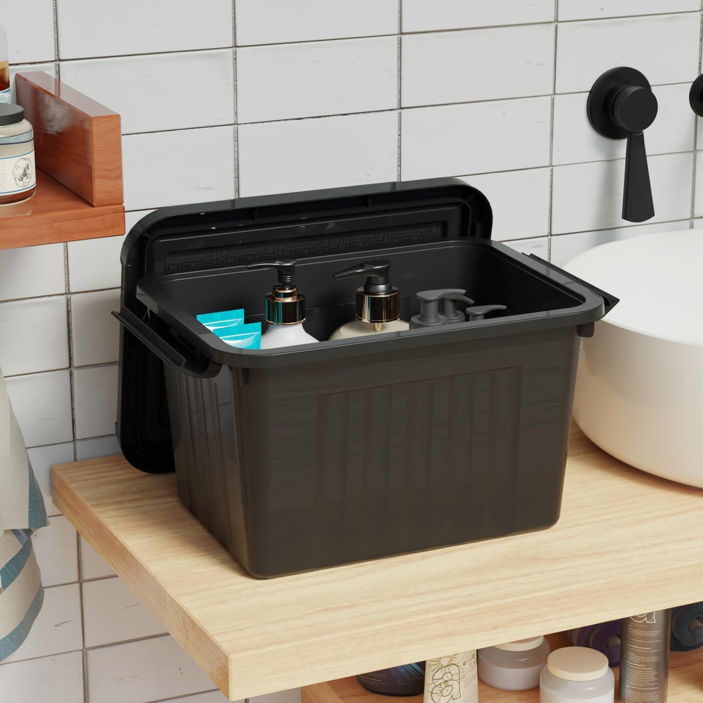 Minekkyes 6 L Plastic Storage Box with Lids/Handles, Stackable Storage Bin with Latching Buckles, 6 Packs, Black