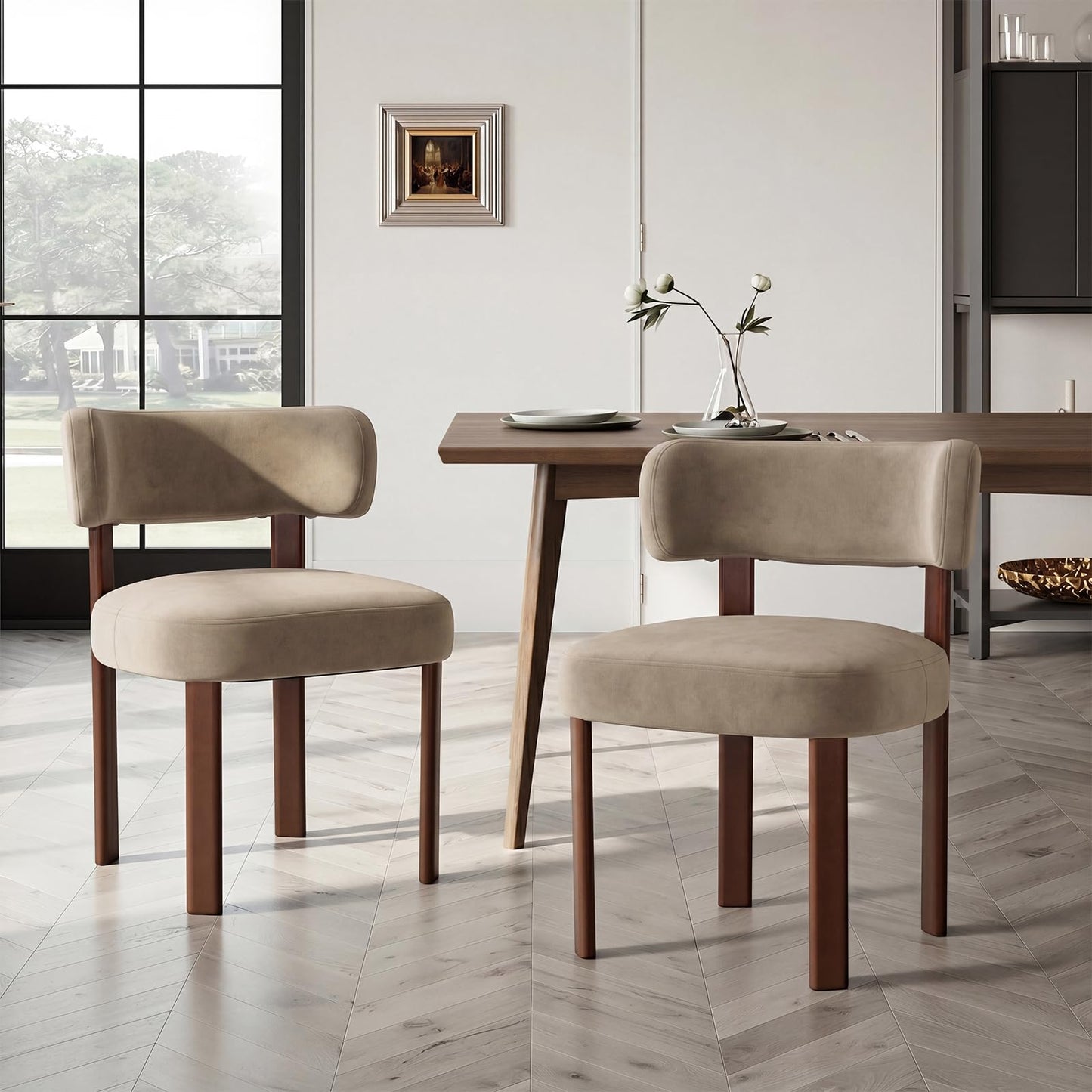COLAMY Wooden Dining Chairs Set of 2, Velvet Fabric Chairs for Dining Room with Open Curved Backrest and Thick Seat Cushion