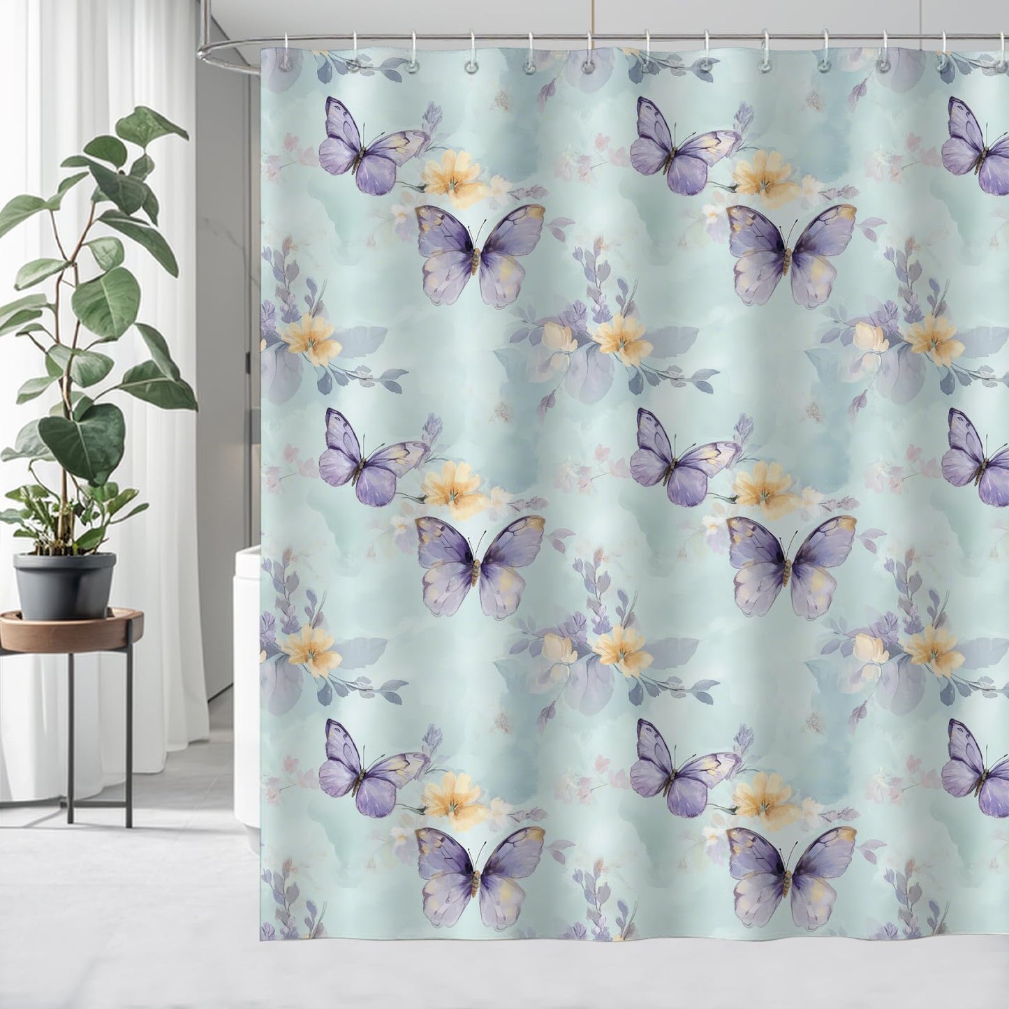 Butterfly Floral Shower Curtain 180x200cm Waterproof Mould Proof with Hooks