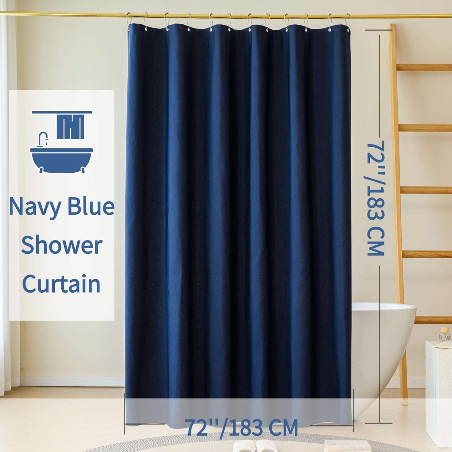 Yofori Navy Blue Shower Curtain for Bathroom, Fabric Shower Curtains Faux Linen Polyester Wet Room Shower Curtains Sets with Metal Hooks, 183x183cm