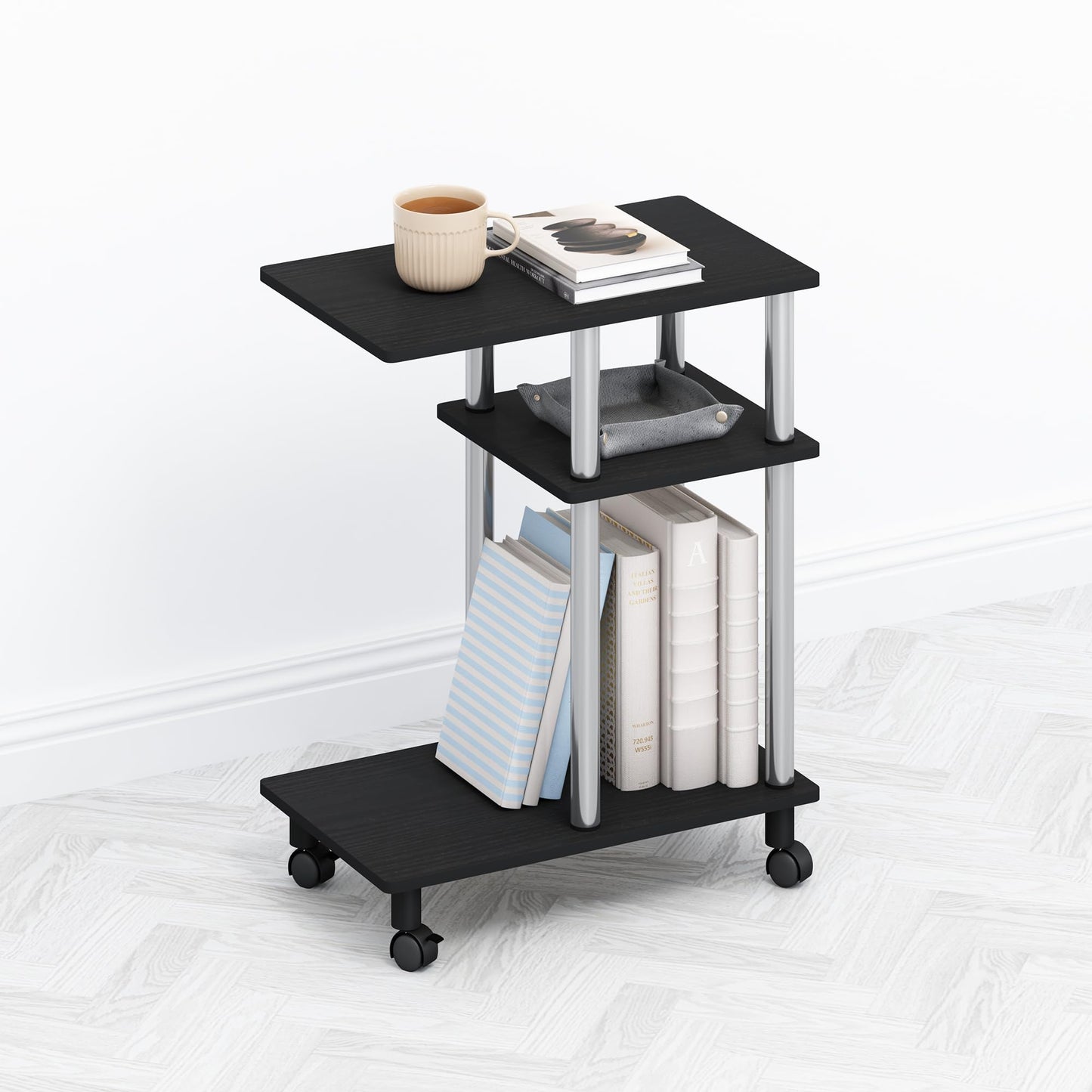 Furinno TOMI Side Table, 3-Tier C-Shape Open Shelf End Table with Wheels, Night Stand, Bedside Table, Toolless Assembly, for Living Room, Bedroom