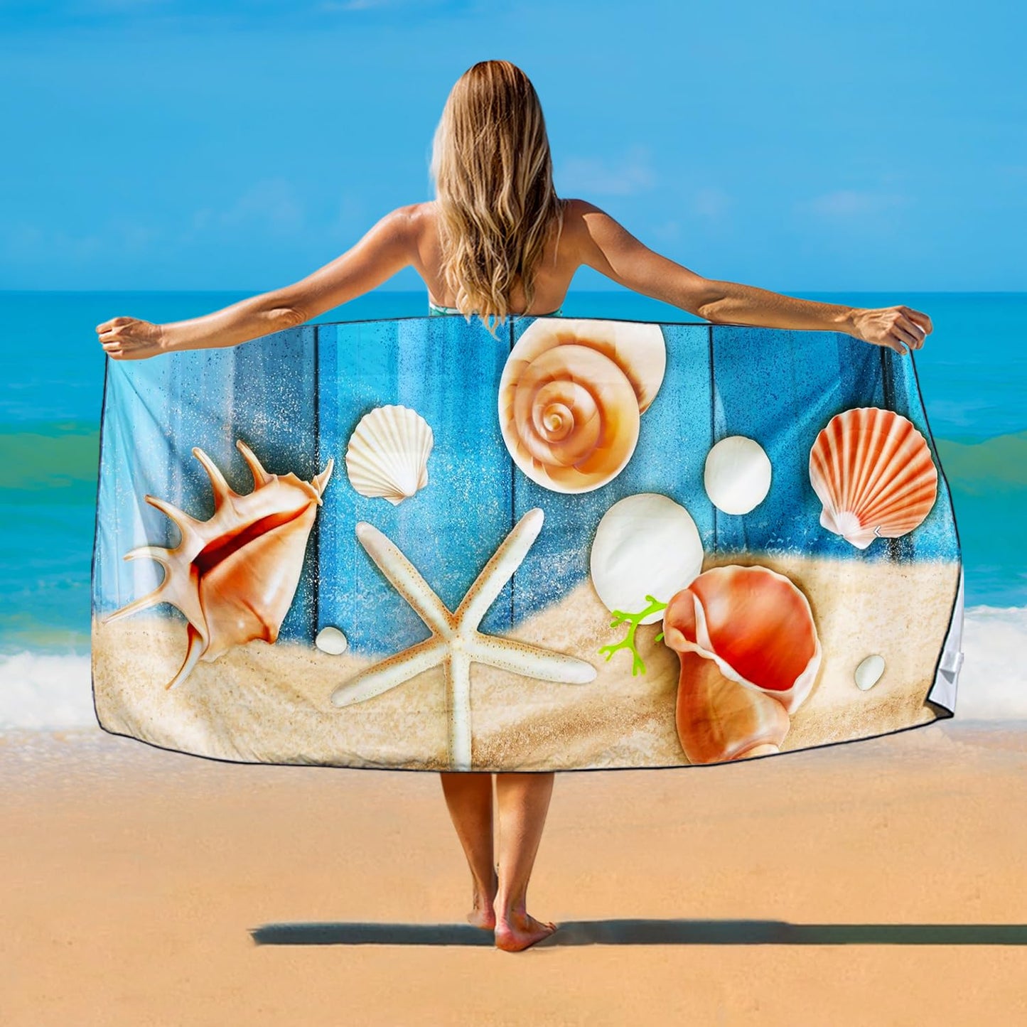 Violetpos Coastal Shell & Starfish Beach Towel, Extra Large 180x90 cm 250GSM Microfibre, Sand Free Quick Dry