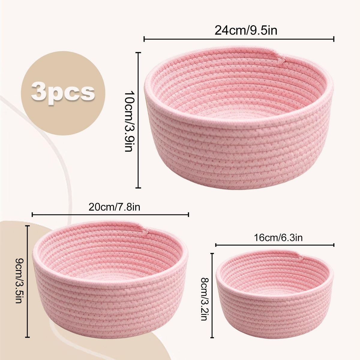 3 Pcs Small Woven Baskets, Cotton Rope Round Organizer for Shelves