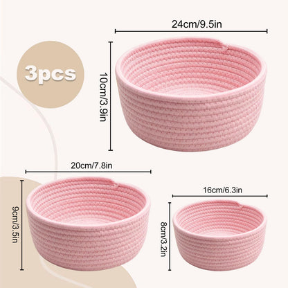 3 Pcs Small Woven Baskets, Cotton Rope Round Organizer for Shelves